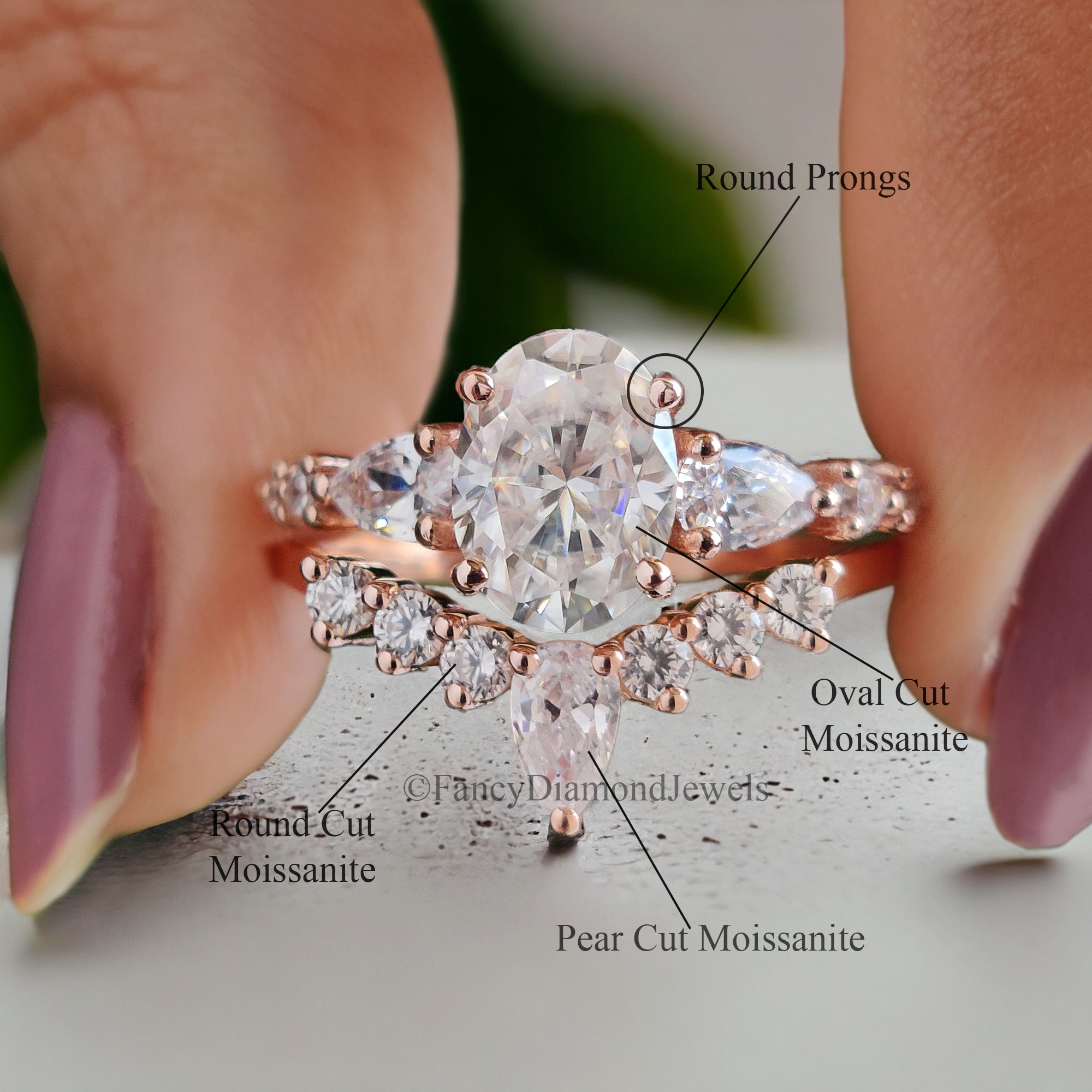Vintage Moissanite Engagement Ring Set 1.3 CT Moissanite ring Oval ring Rose Gold Crown ring Unique Stacking ring Diamond Cluster ring FD44