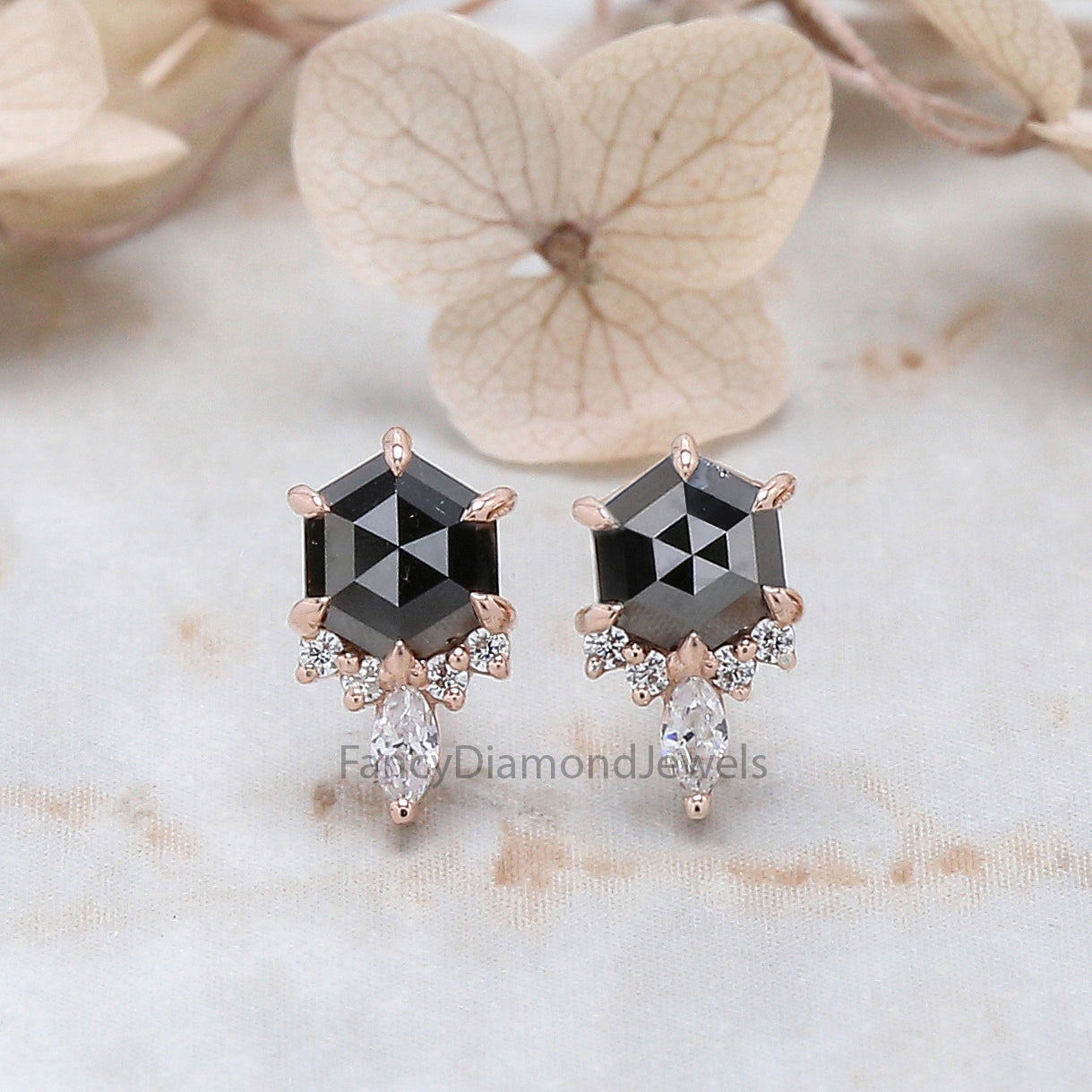 Hexagon Cut Black Color Diamond Earring 0.58 Ct 5.03 MM Hexagon Shape Diamond Earring 14K Solid Rose Gold Silver Engagement Earring QK2629