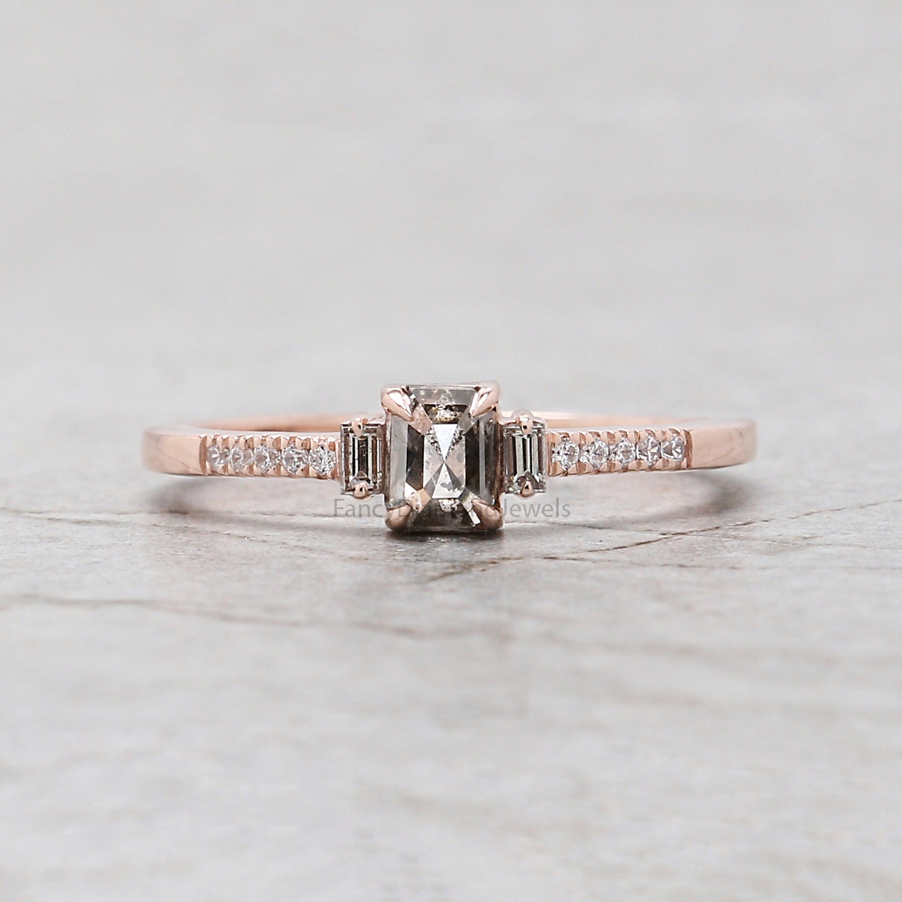 Emerald Cut Salt And Pepper Diamond Ring 0.39 Ct 4.55 MM Emerald Diamond Ring 14K Solid Rose Gold Silver Engagement Ring Gift For Her QL239