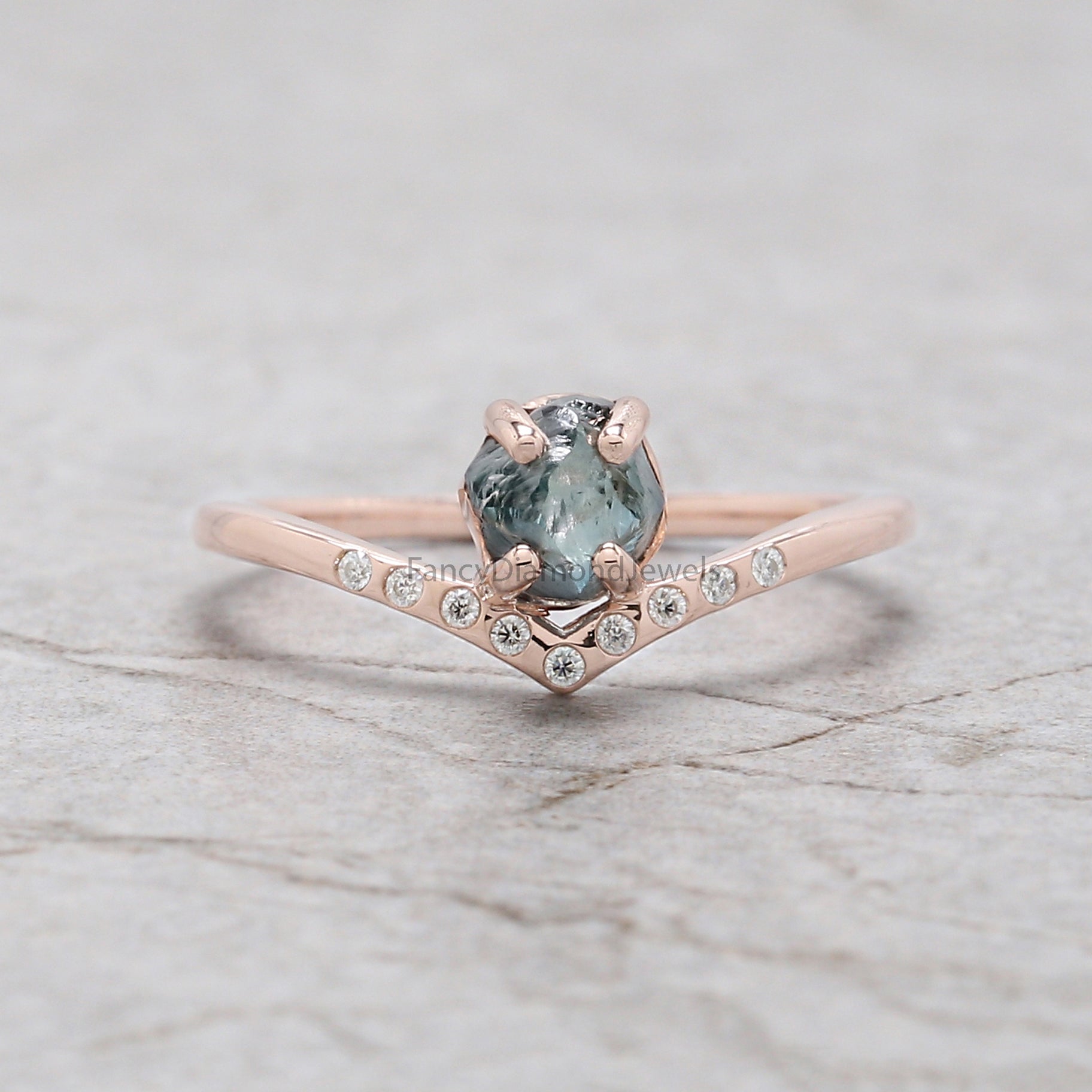 0.97 Ct Natural Rough Cut Blue Color Diamond Ring 5.65 MM Crystal Rough Diamond Ring 14K Solid Rose Gold Silver Engagement Ring QL2347