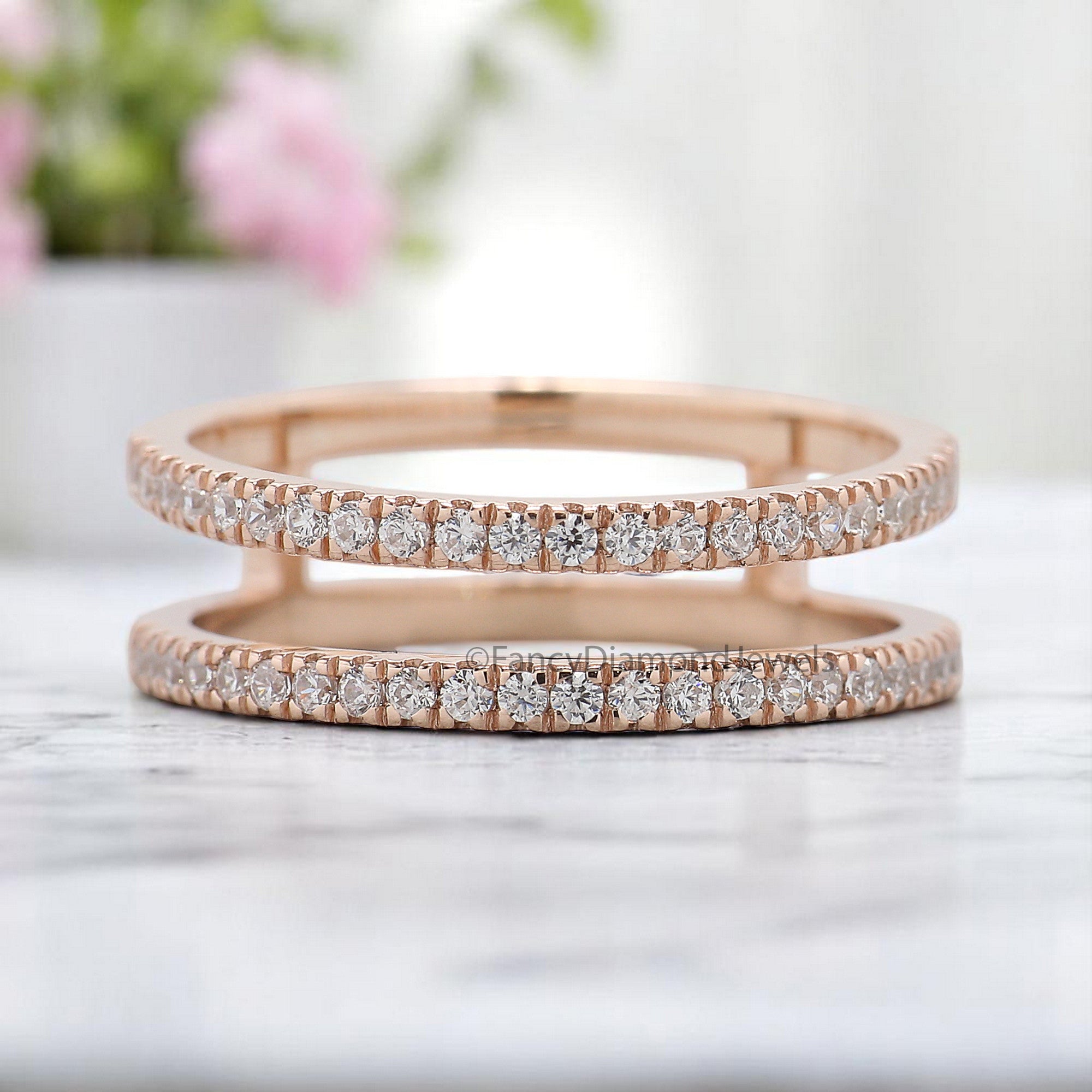 Round Cut Double Diamond Wedding Band Silver/10K/14K/18K Band Half Eternity Minimalist Ring stacking dainty matching anniversary ring KD898