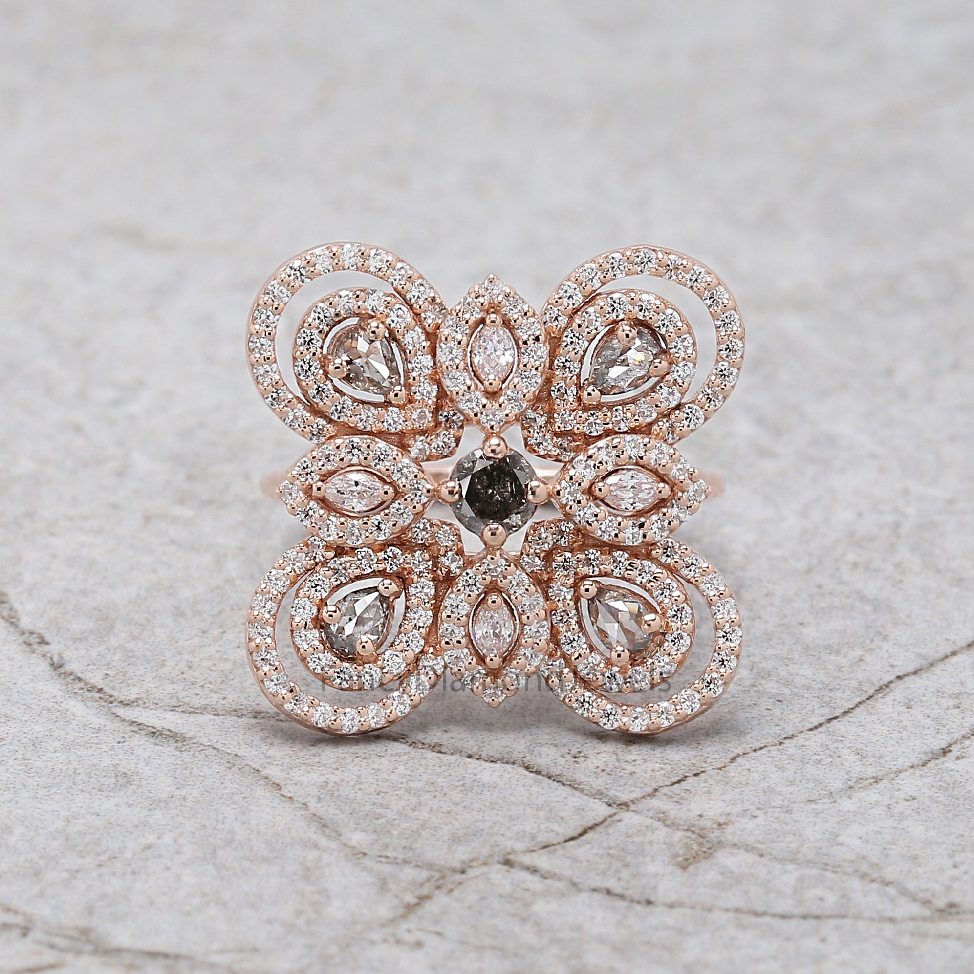 Round salt and pepper Diamond Ring, Salt and pepper Pear Diamond Engagement Ring, Marquise Cut Natural Diamond Ring, Round Shape Ring KD1173