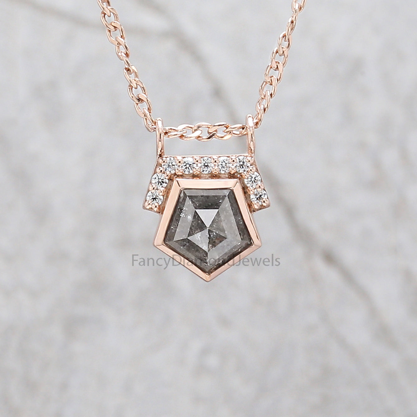 Pentagon Cut Salt And Pepper Diamond Pendant 1.31 Ct 6.75 MM Pentagon Shape Diamond Pendant 14K Rose Gold Silver Engagement Pendant QN521