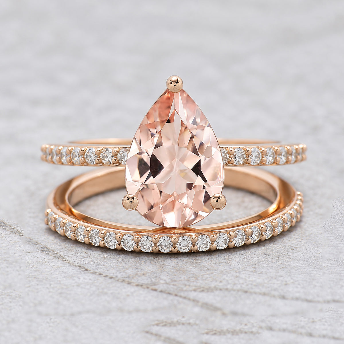 1.49 CT Pear Cut Natural Morganite Engagement Ring Set Rose Gold Ring Morganite Curved Wedding Ring Unique Vintage Ring Gift For Her FD612