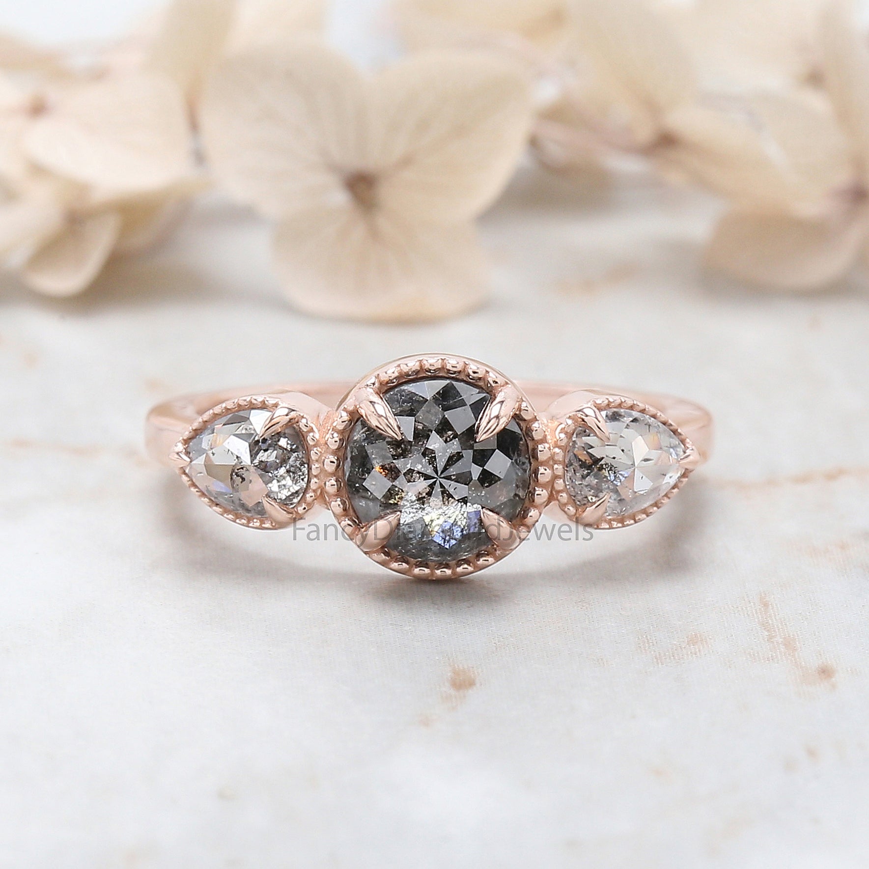 Round Rose Cut Salt And Pepper Diamond Ring 1.16 Ct 6.45 MM Round Diamond Ring 14K Rose Gold Silver Engagement Ring Gift For Her QN9777