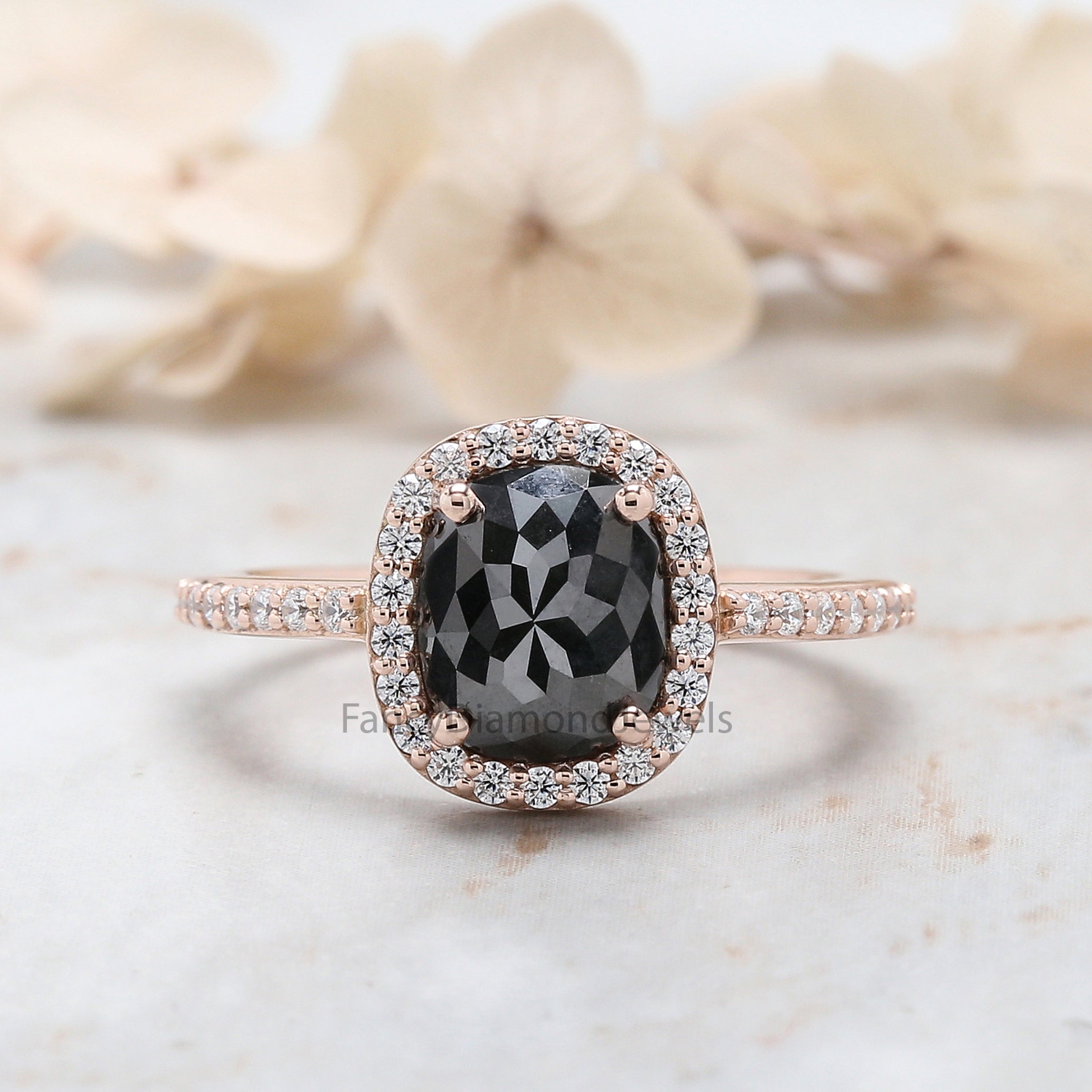 Cushion Shape Black Color Diamond Ring 2.21 Ct 8.30 MM Cushion Diamond Ring 14K Solid Rose Gold Silver Engagement Ring Gift For Her QL3068