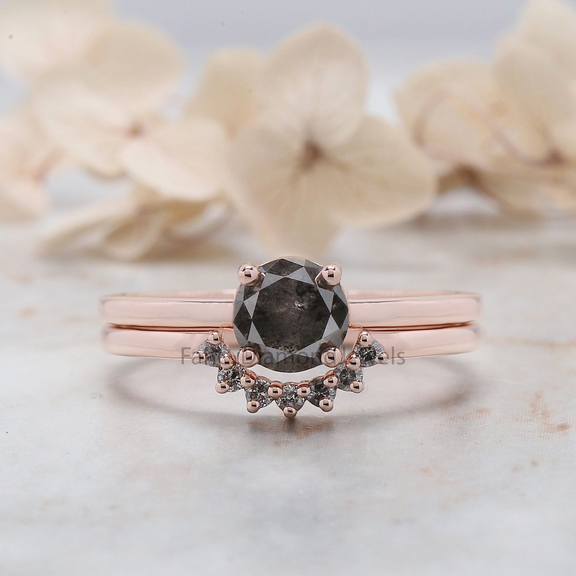 Round Cut Salt And Pepper Diamond Ring 0.87 Ct 5.80 MM Round Diamond Ring 14K Solid Rose Gold Silver Engagement Ring Gift For Her QN9369