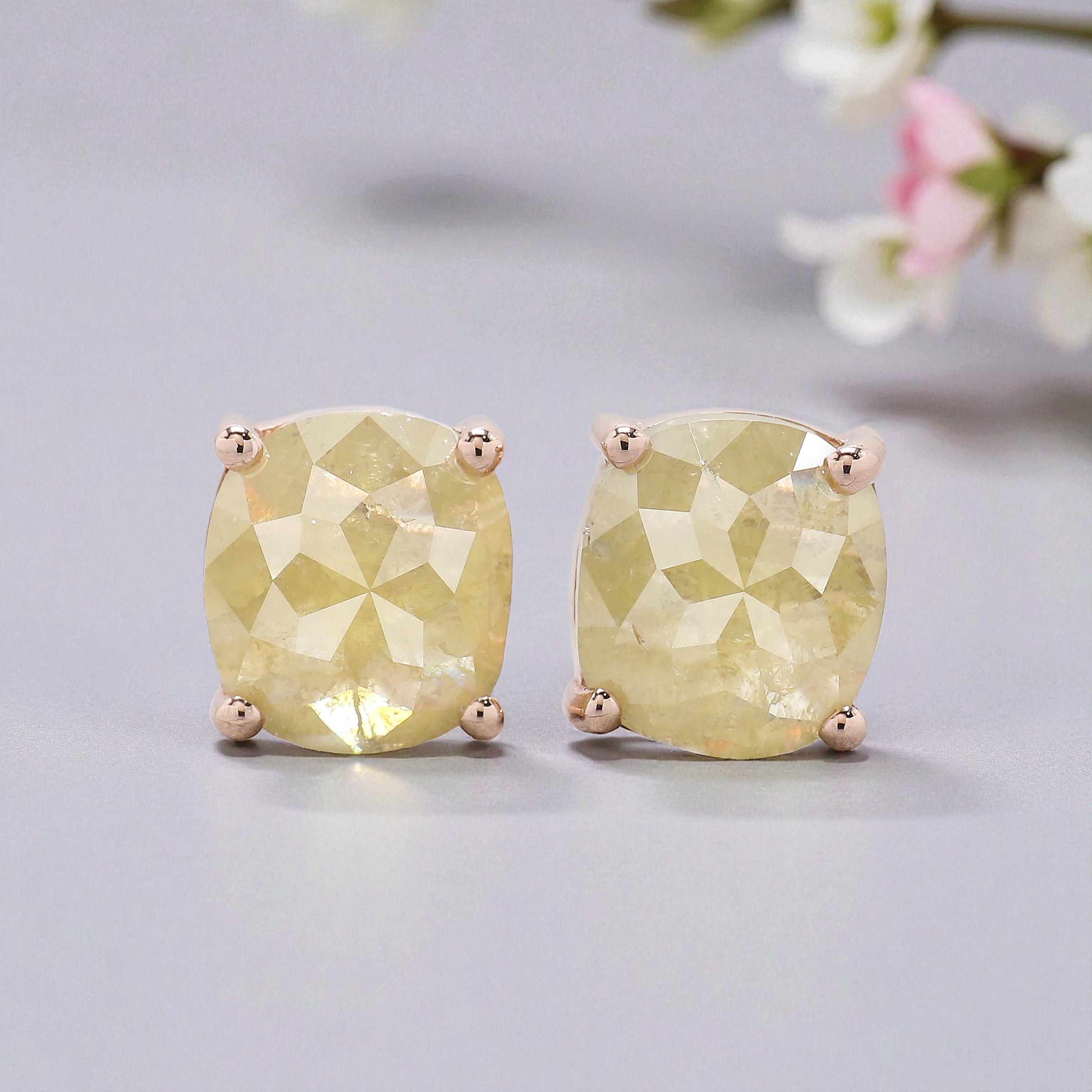 Cushion Yellow Color Diamond Earring 3.01 Ct 7.90 MM Cushion Diamond Earring 14K Rose Gold Silver Engagement Earring Gift For Her KDN9872