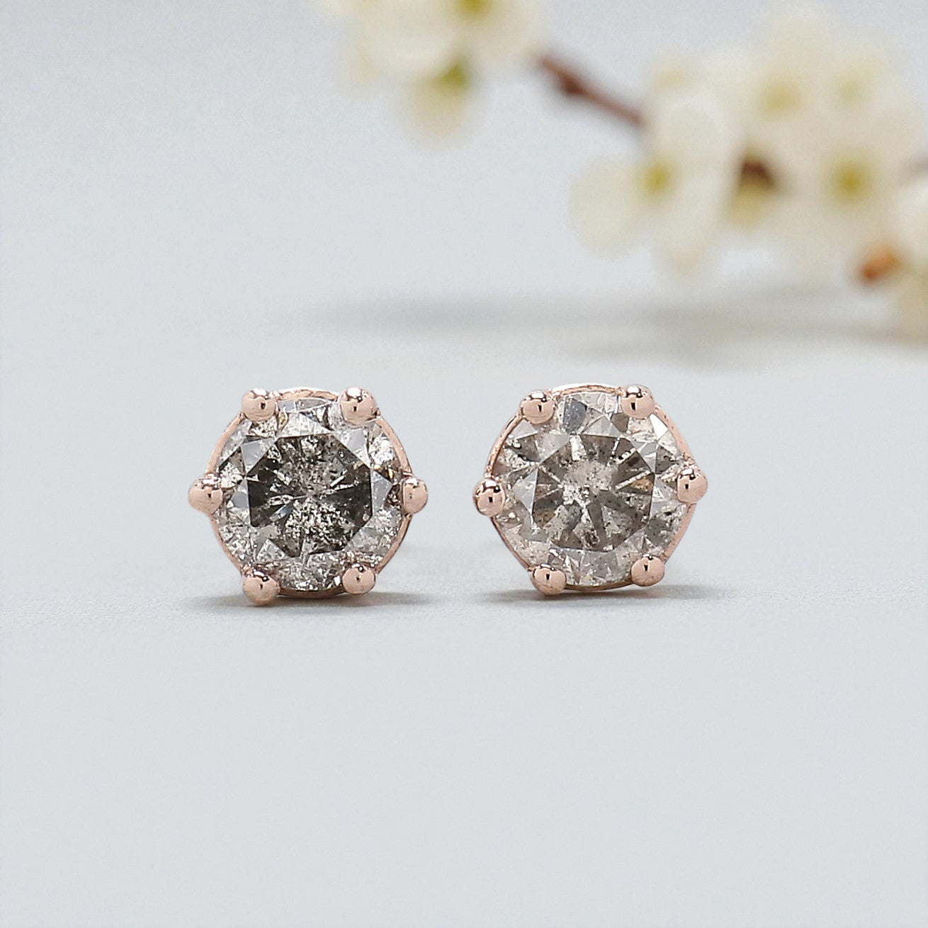 Round Salt And Pepper Diamond Earring 0.39 Ct Round Diamond Earring 14K Solid Rose Gold Silver Round Rose Cut Earring Gift For Her KD992