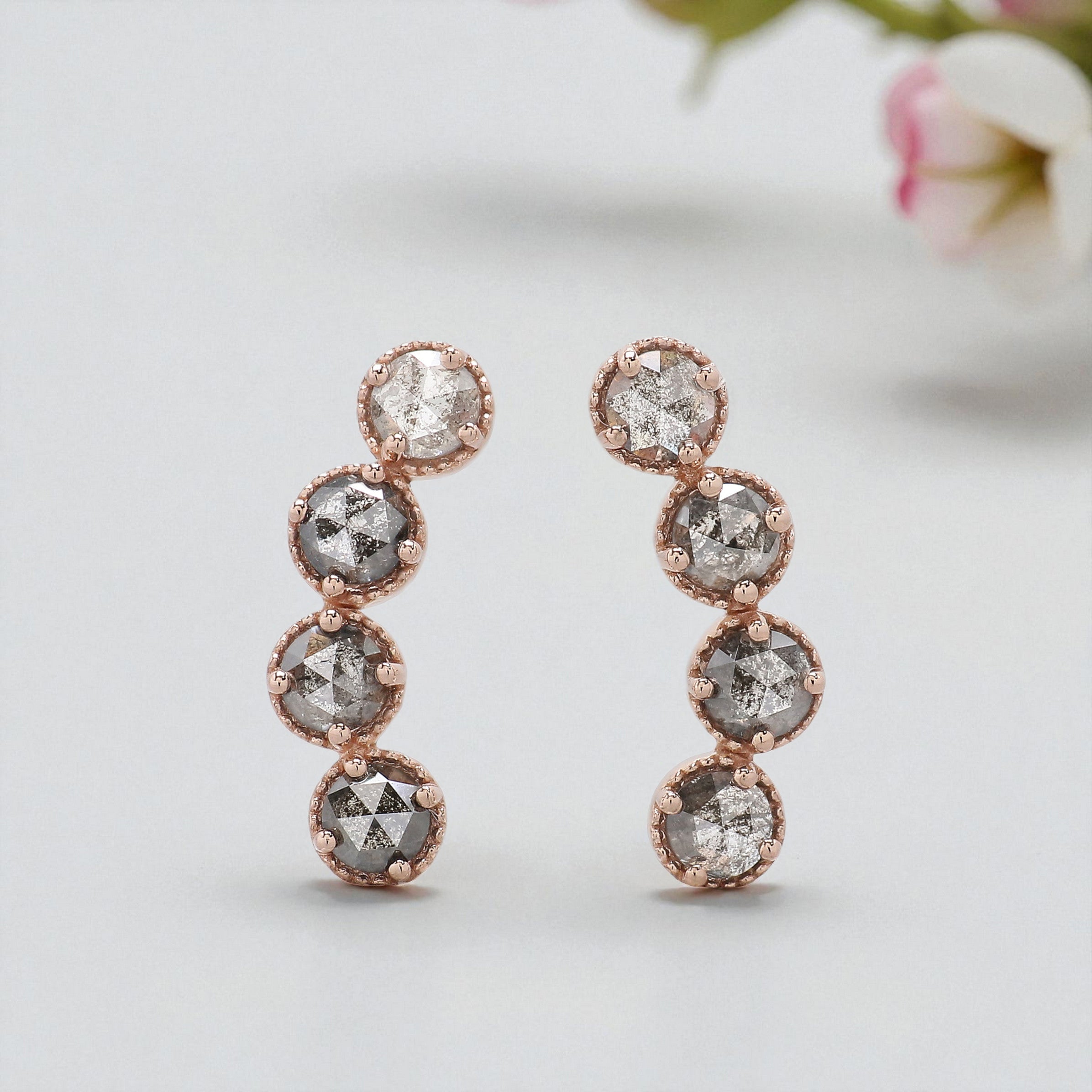 Round Rose Cut Salt And Pepper Diamond Earring 1.40 Ct 3.70 MM Round Diamond Earring 14K Solid Rose Gold Silver Earring Gift For Her KDL2391