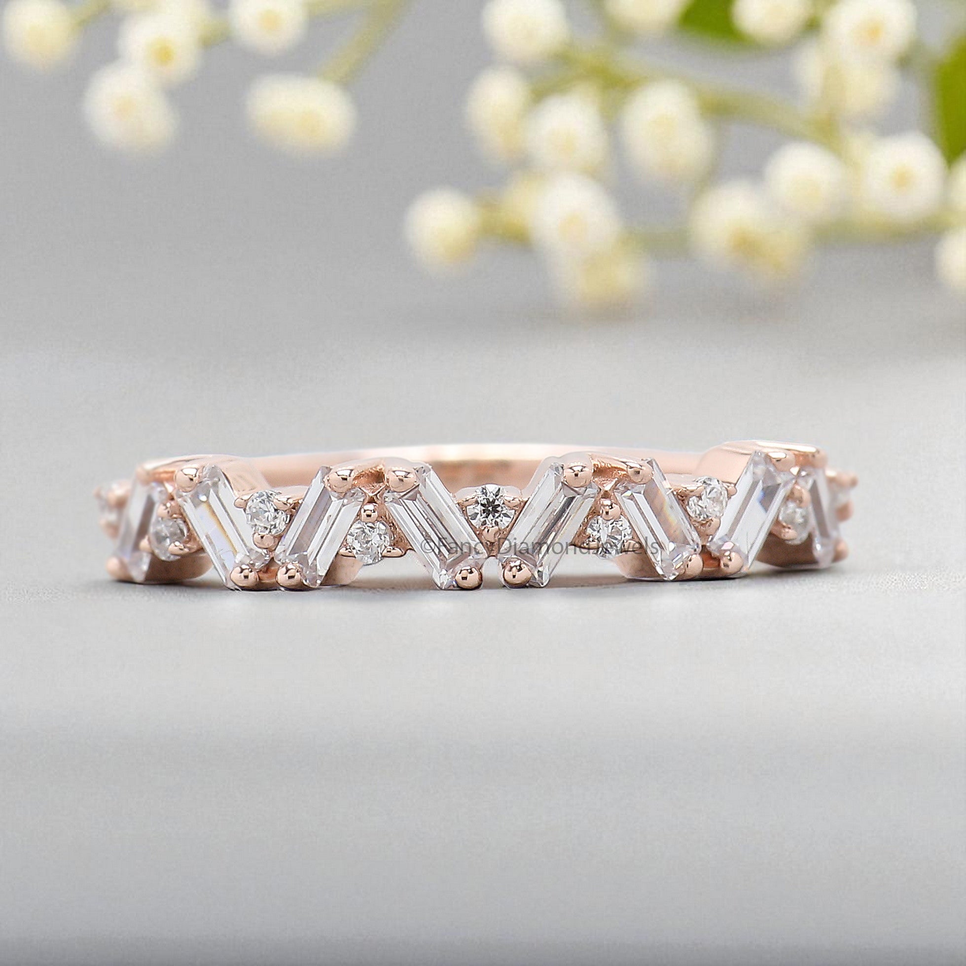 Baguette And Round Diamond Wedding Band Silver/10K/14K/18K Gold Half Eternity Minimalist stacking dainty matching anniversary ring KD892