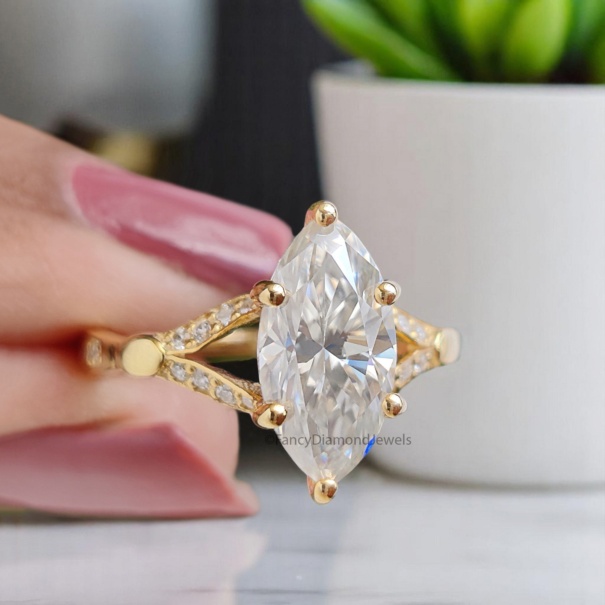 1.75 CT Marquise Cut Moissanite Engagement Ring Split Band Ring Bridal Ring Prong Set Ring Wedding Ring Yellow Gold Ring Promise Ring FD363