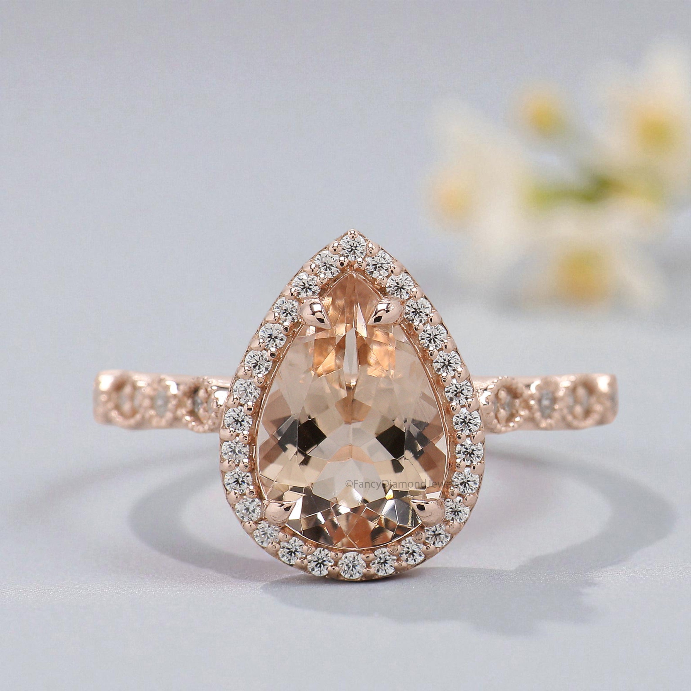 1.50 CT Pear Cut Natural Morganite Engagement Ring Rose Gold Ring Pear Shape Wedding Ring Unique Vintage Halo Ring Gift For Her FD450