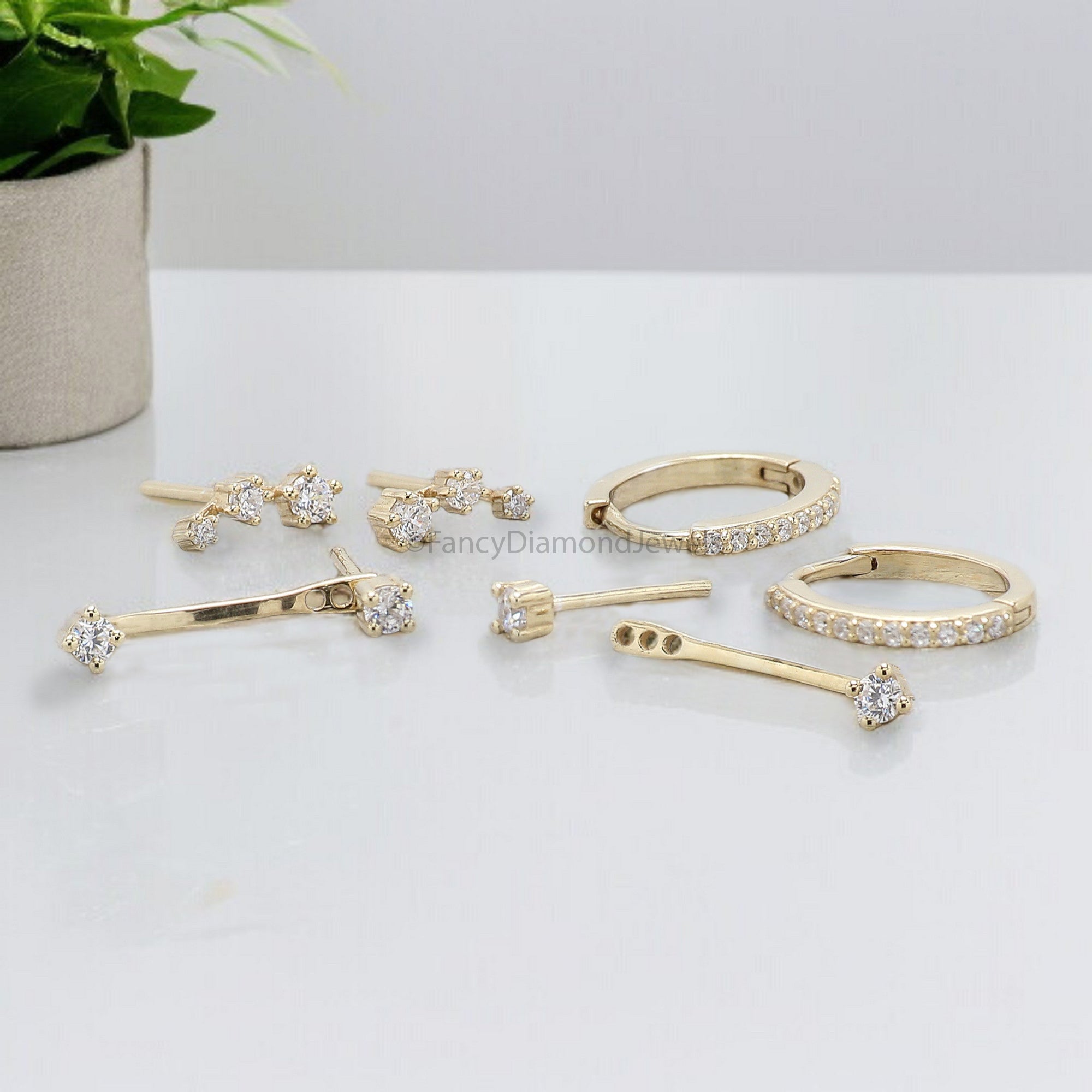 Front Back Earring Set ear jacket Round Brilliant Cut Colorless Moissanite Gold Ear Cuff jacket earrings minimal earring Gold Ear Wrap FD327