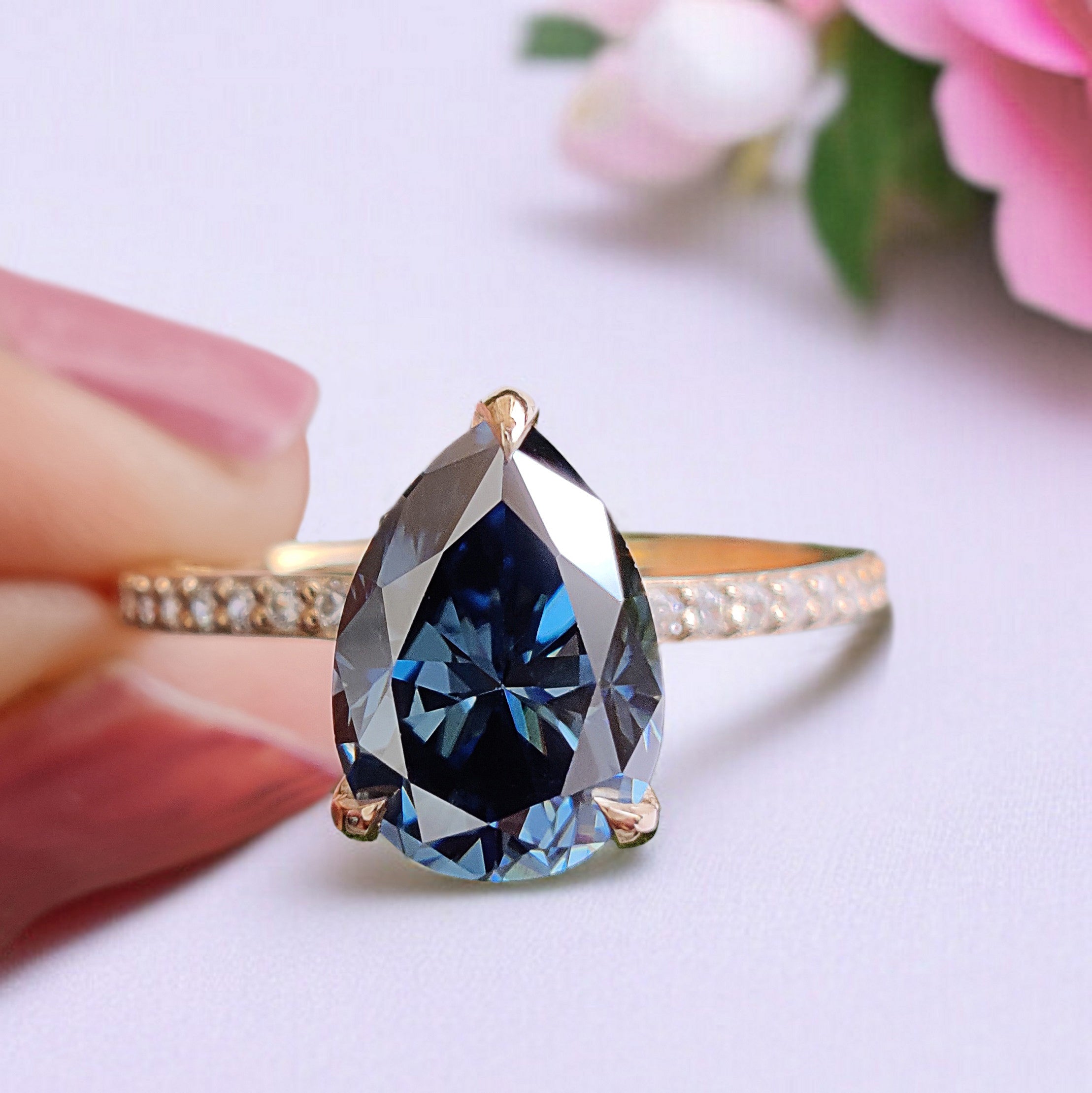 Pear Royal Blue Moissanite Ring Hidden Halo Engagement Ring 2.15 TW Pear Shaped Moissanite Best Proposal Ring Anniversary Gift Ring FD464