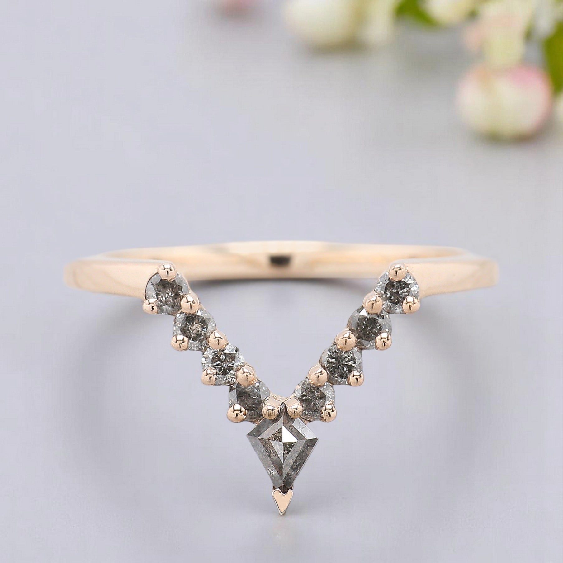 Salt And Pepper 0.32 TW Diamond Wedding Band Deep V Shape Band Silver/10K/14K/18K Gold Half Eternity anniversary Ring Gift For Her KD839