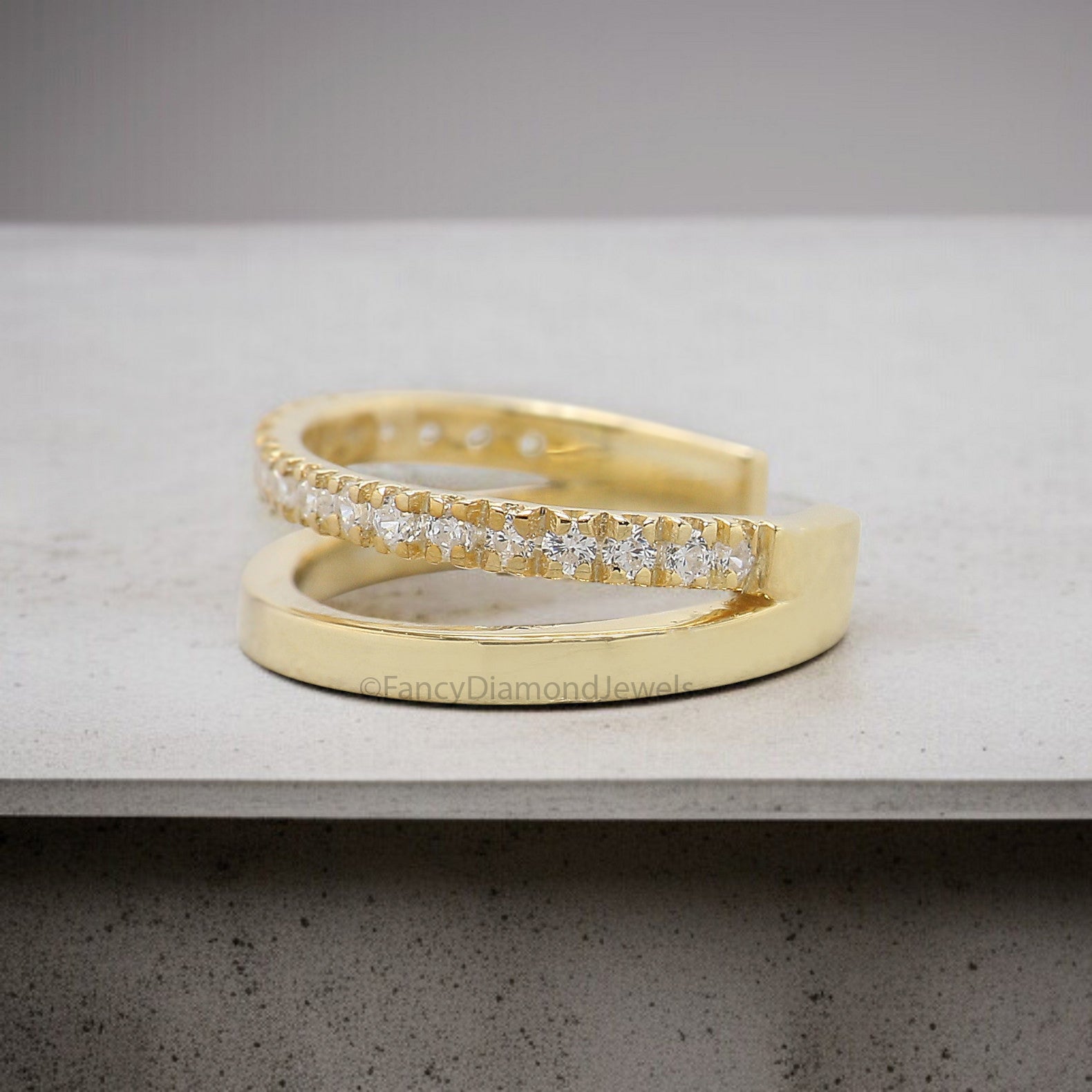 Round Brilliant Cut Colorless Moissanite Diamond Ear Cuff Double Band Ear Cuff Dainty Ear Cuff Yellow Gold Ear Wrap FD347