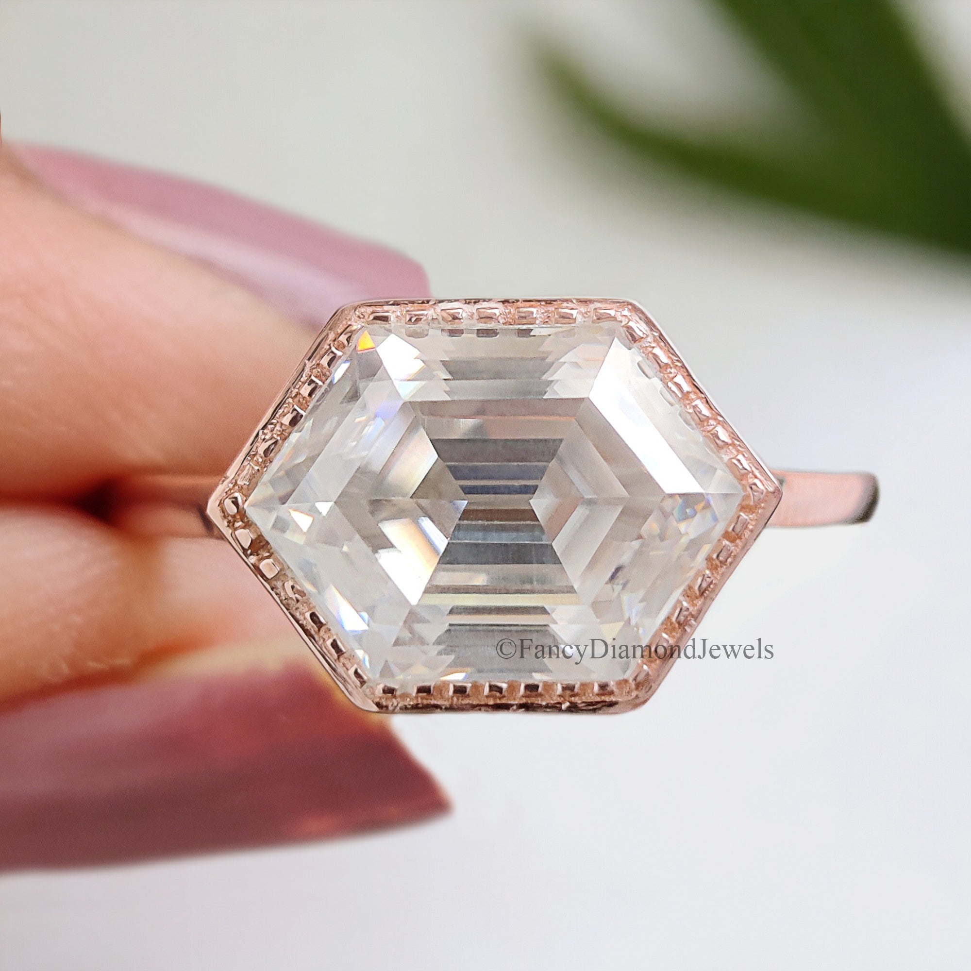2.35 CT Elongated Hexagon Cut Moissanite Engagement Ring Rose Gold Ring Bezel Set Art Deco Bridal Promise Anniversary Gift For Her FD261