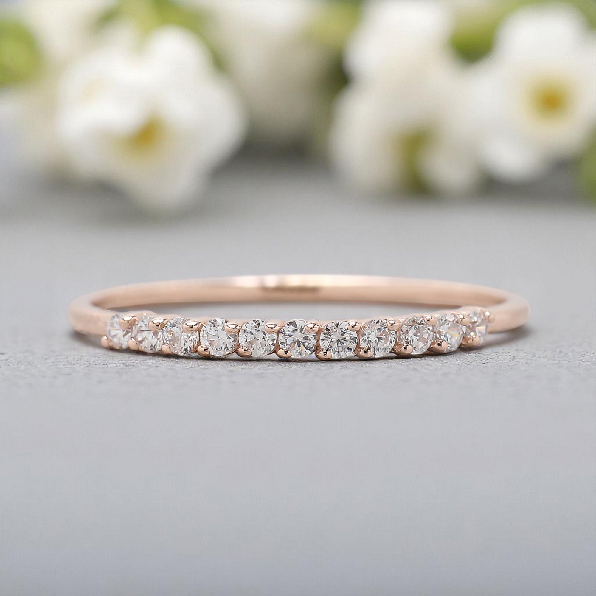 Round Moissanite Diamond Wedding Band Half Eternity Minimalist stacking dainty matching anniversary Ring Silver/10K/14K/18K Gold Band KD899