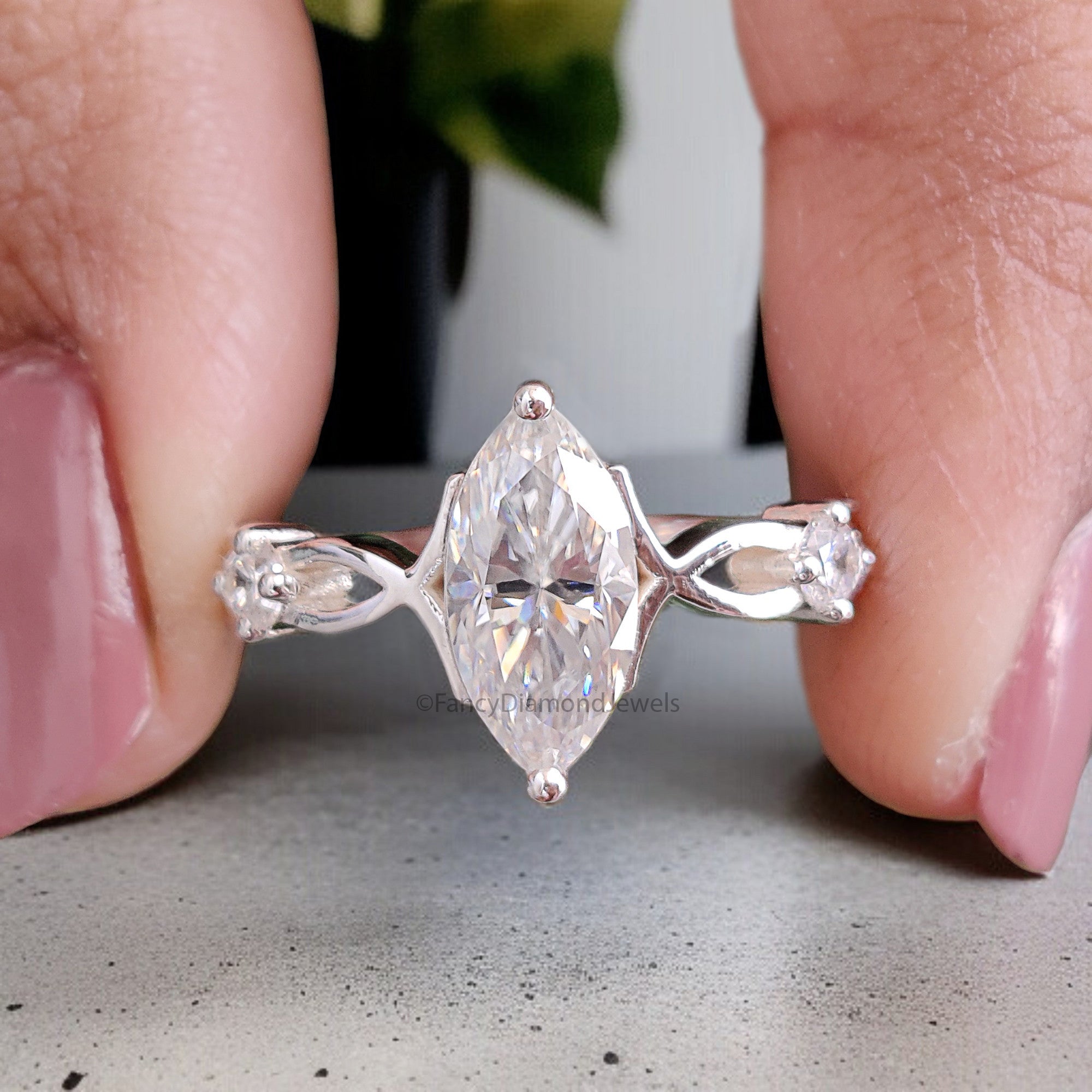 0.95 Ct Marquise Shape Colorless Engagement Ring Three Stone Ring Unique Bridal Ring White Gold Ring Anniversary Ring Gift For Her FD332