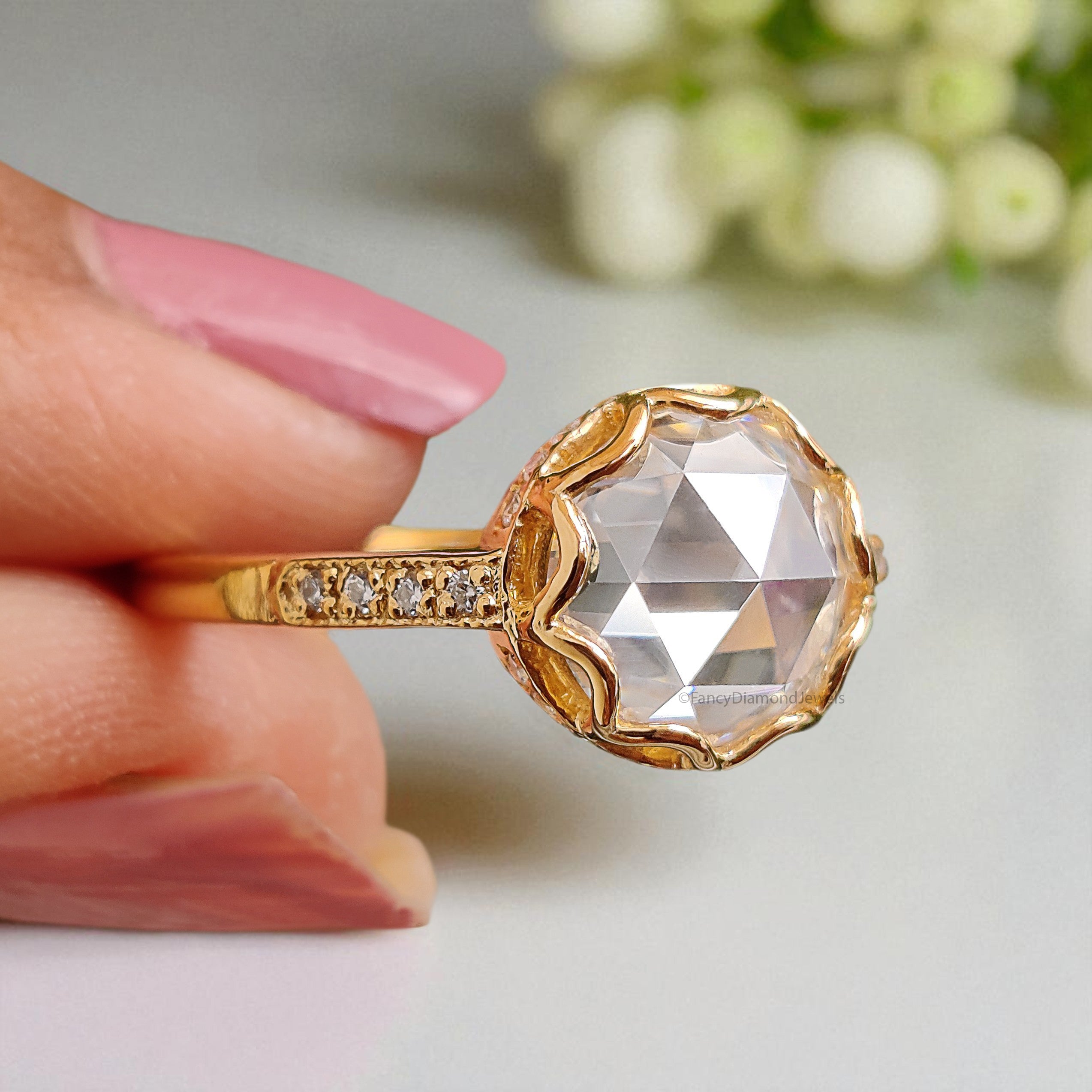 Vintage Style Round Rose Cut Colorless Moissanite Hidden Halo Engagement Ring Milgrain Wedding Ring Pave Set Ring Anniversary Ring FD120