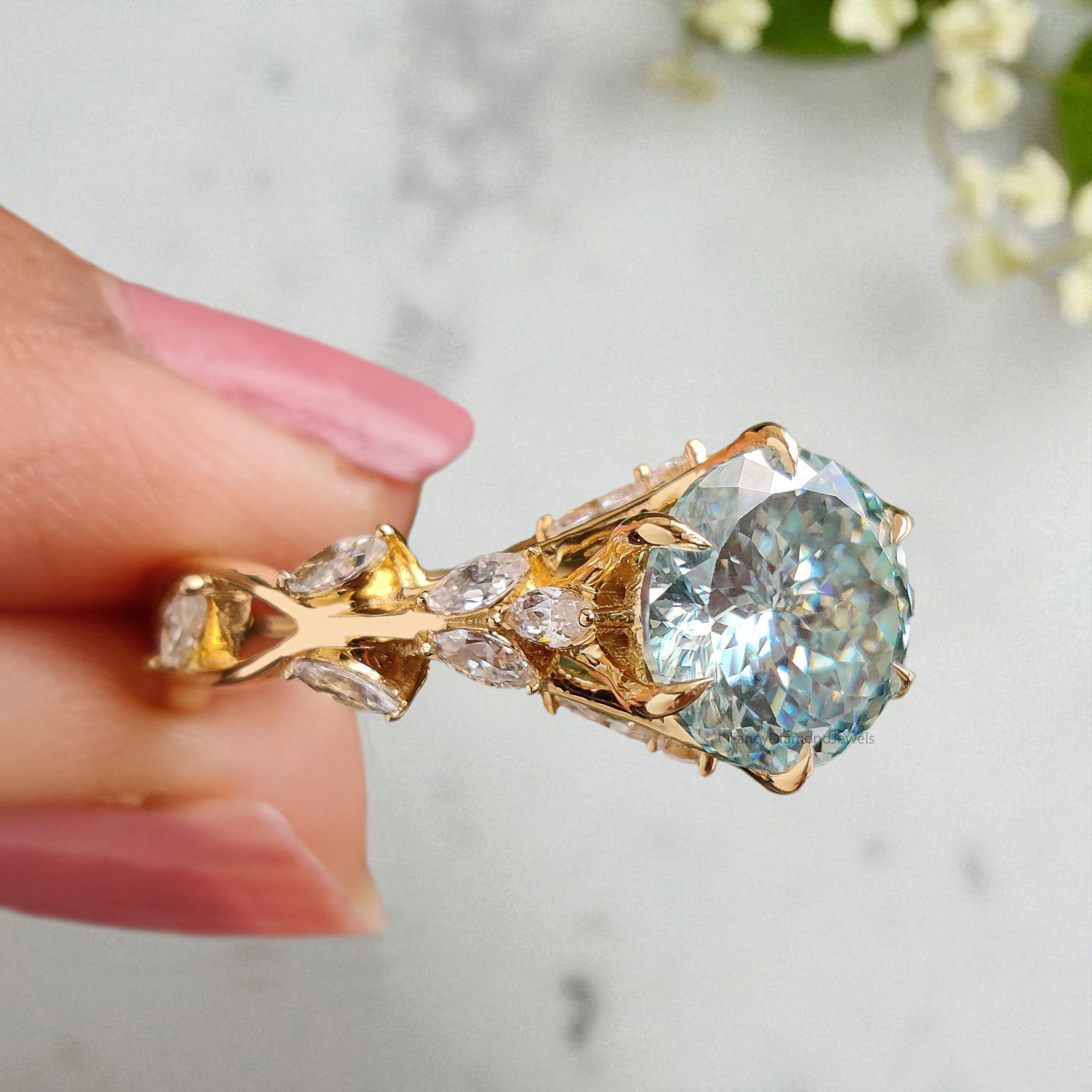 Floral Round Portuguese Cut Moissanite Engagement Ring Yellow Gold Ring Vintage Ring Anniversary Ring Nature Inspire Ring Wedding Ring FD408