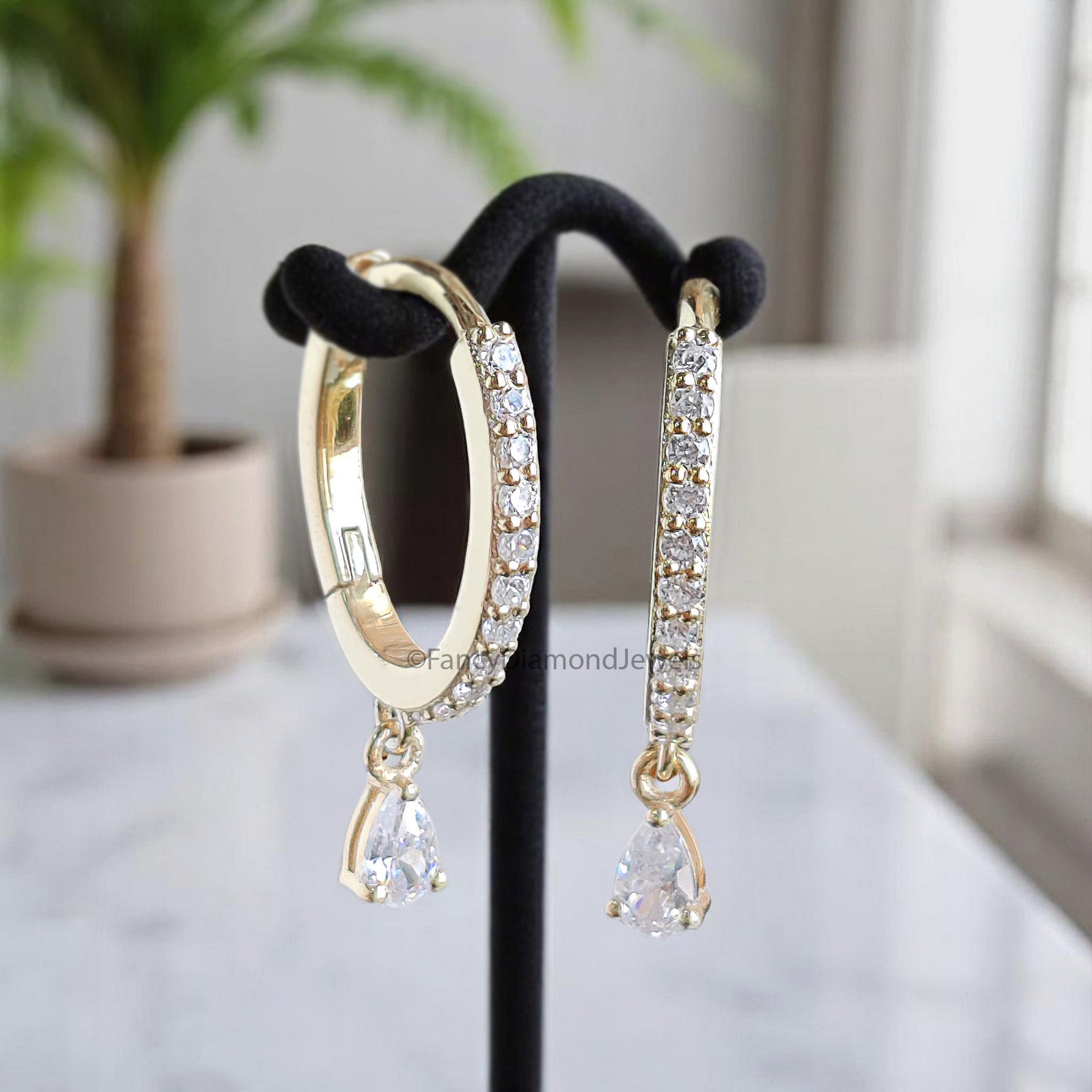 Pear Colorless Moissanite Earrings Huggie Hoop Dangle Earrings Bridal Earrings Yellow Gold Earrings Anniversary Gift For Women FD344