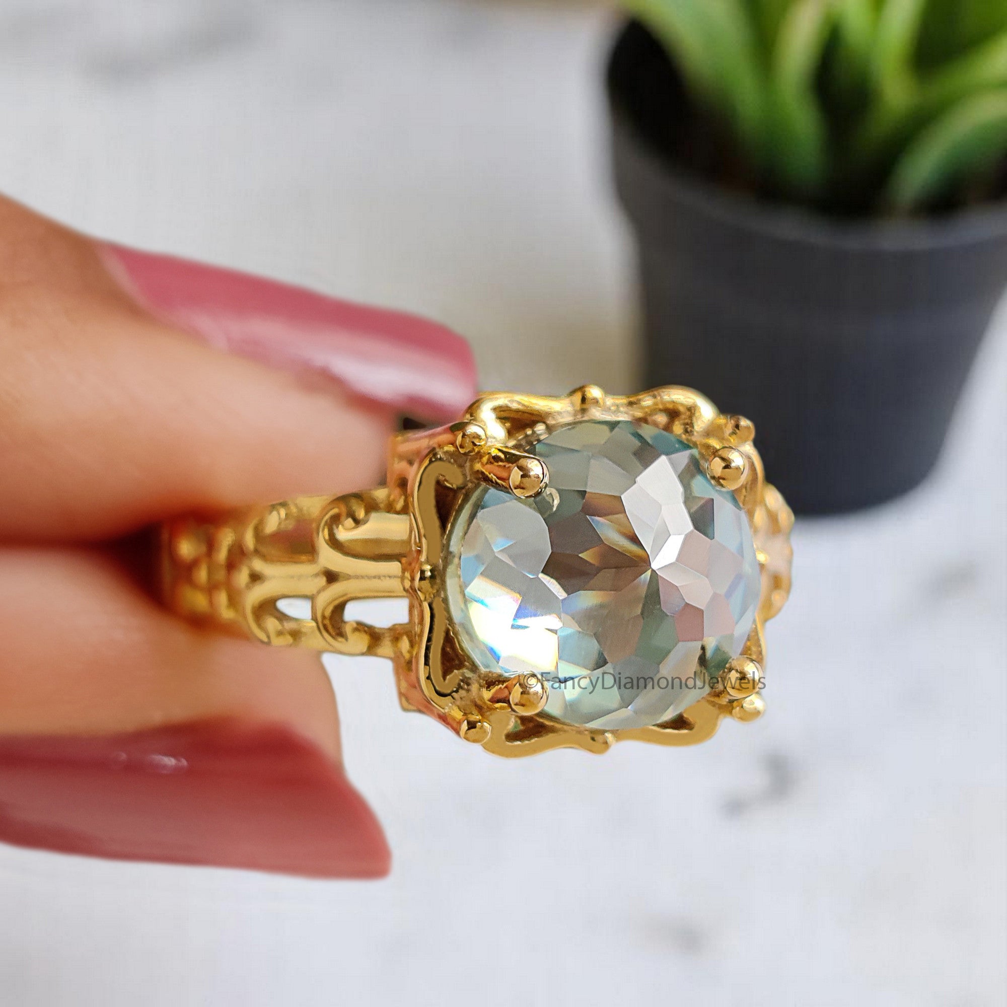 Antique 2.65 CT Round Rose Cut Blue Moissanite Engagement Ring Filigree Wedding Ring Anniversary Gift Promise Ring Unique Ring FD369