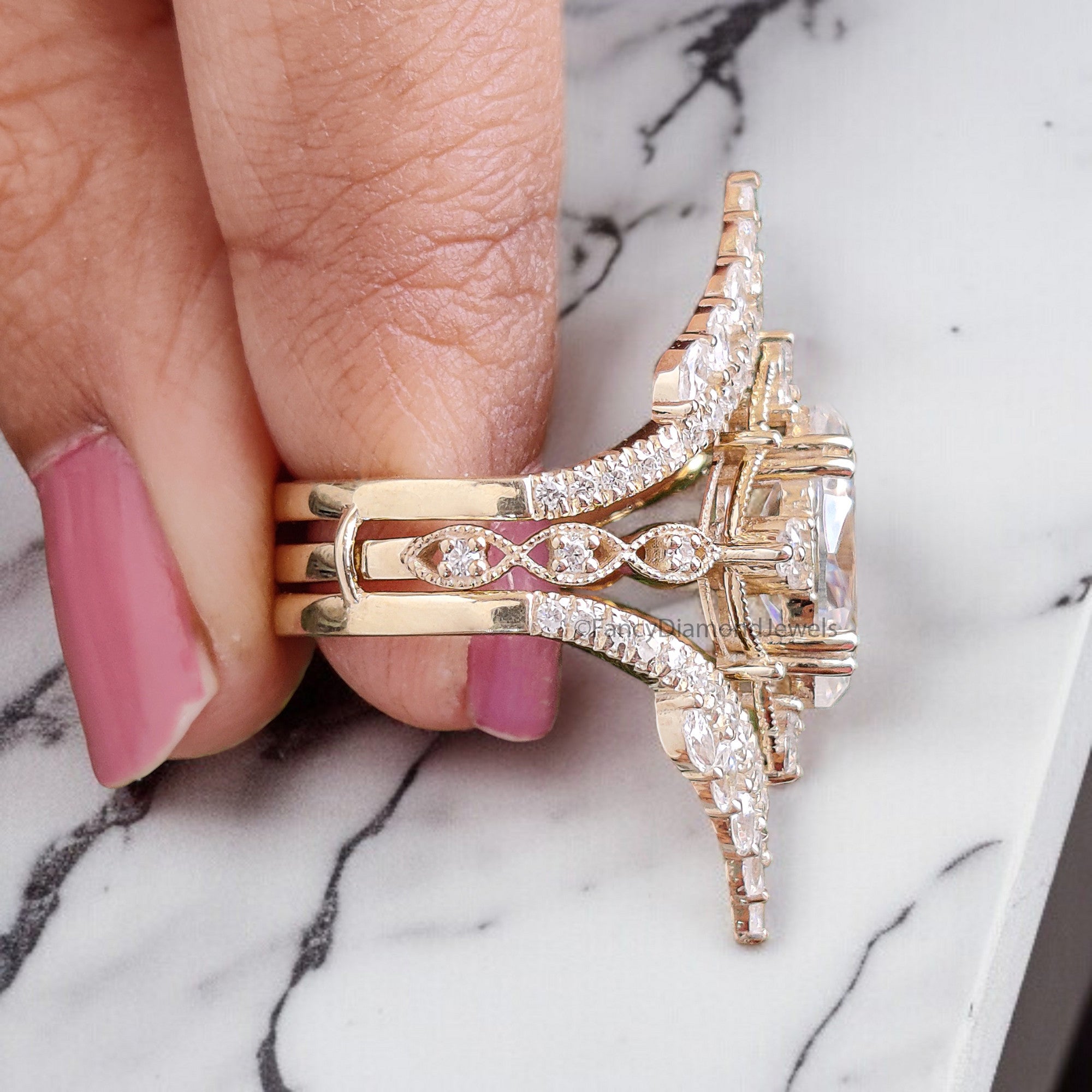 Marquise Moissanite Bridal Set 2pcs Moissanite Cage Ring Unique Engagement Ring Yellow Gold Vintage Wrap Ring Bridal Anniversary Ring FD318