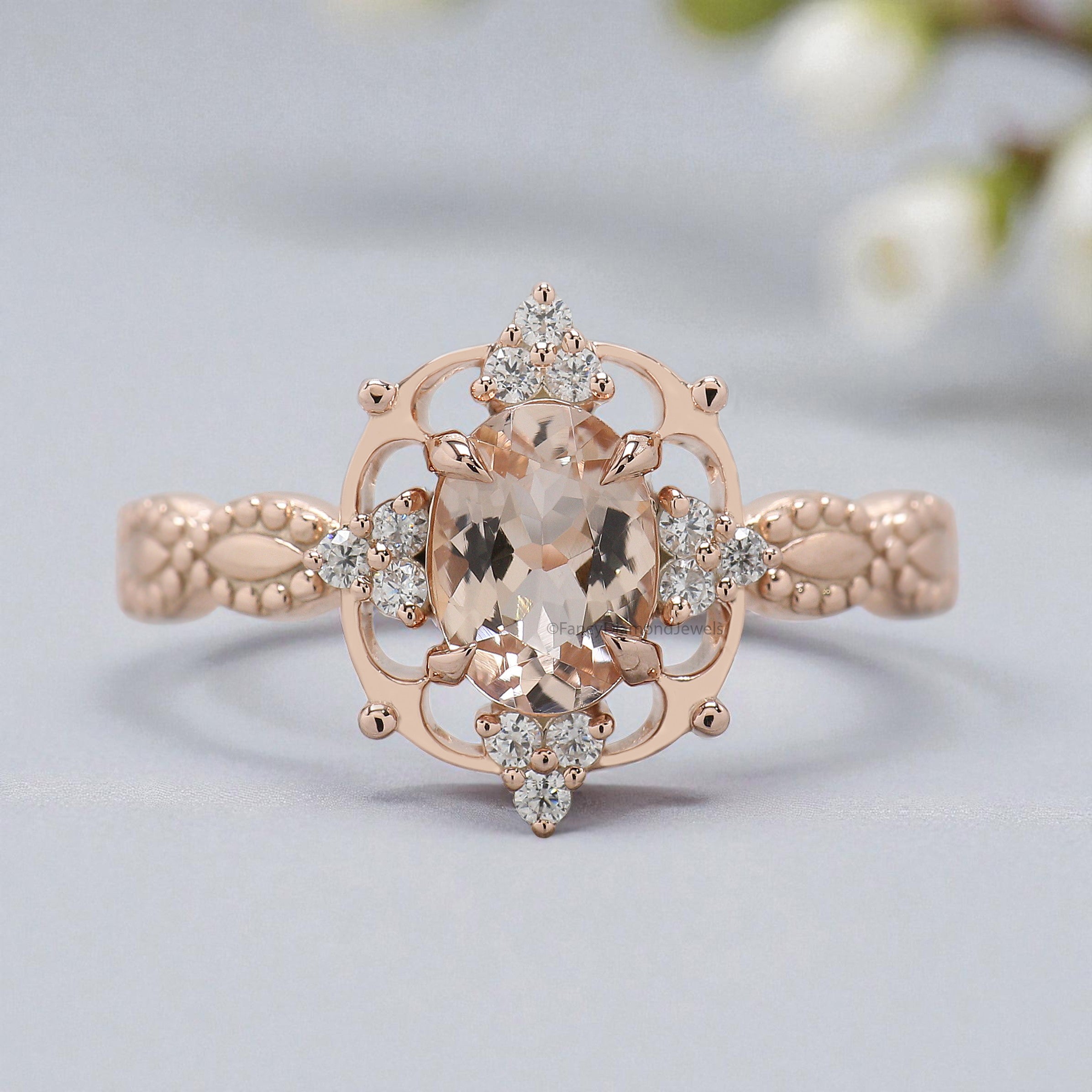 0.70 CT Oval Cut Natural Morganite Engagement Ring Rose Gold Ring Oval Shape Wedding Ring Unique halo Starburst Ring Gift For Her FD452