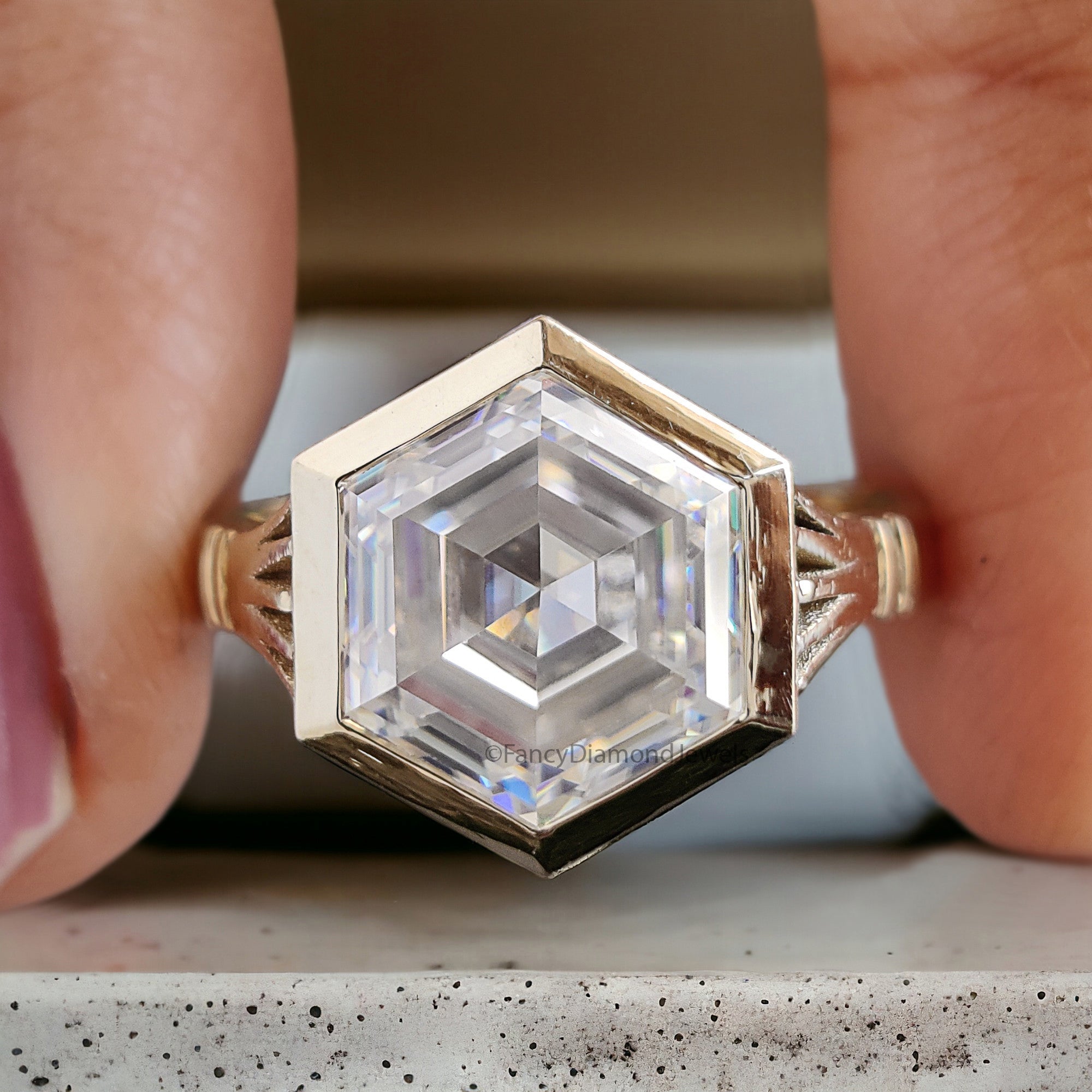 3.20 CT Elongated Hexagon Cut Moissanite Engagement Ring Yellow Gold Ring Bezel Set Art Deco Bridal Promise Anniversary Gift For Her FD316