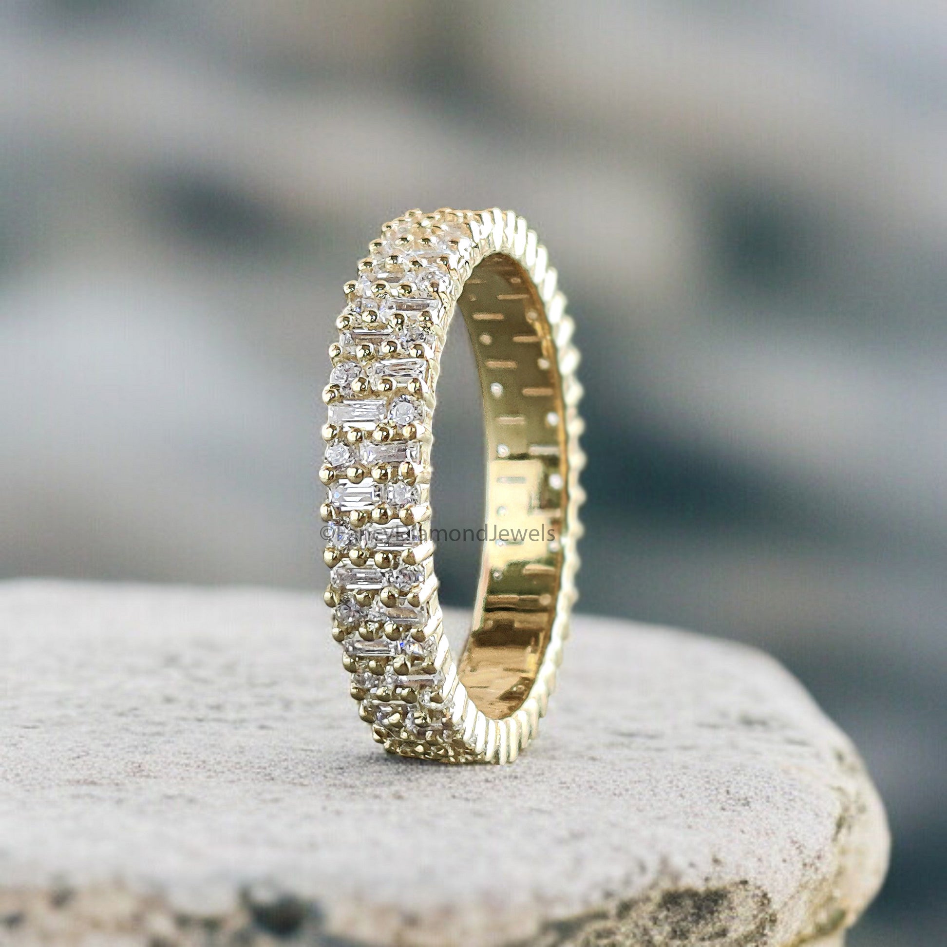 1.10 CT Baguette & Round Cut Moissanite Full Eternity Band Unique Wedding Band Anniversary Gift For Women Yellow Gold Stacking Band FD319