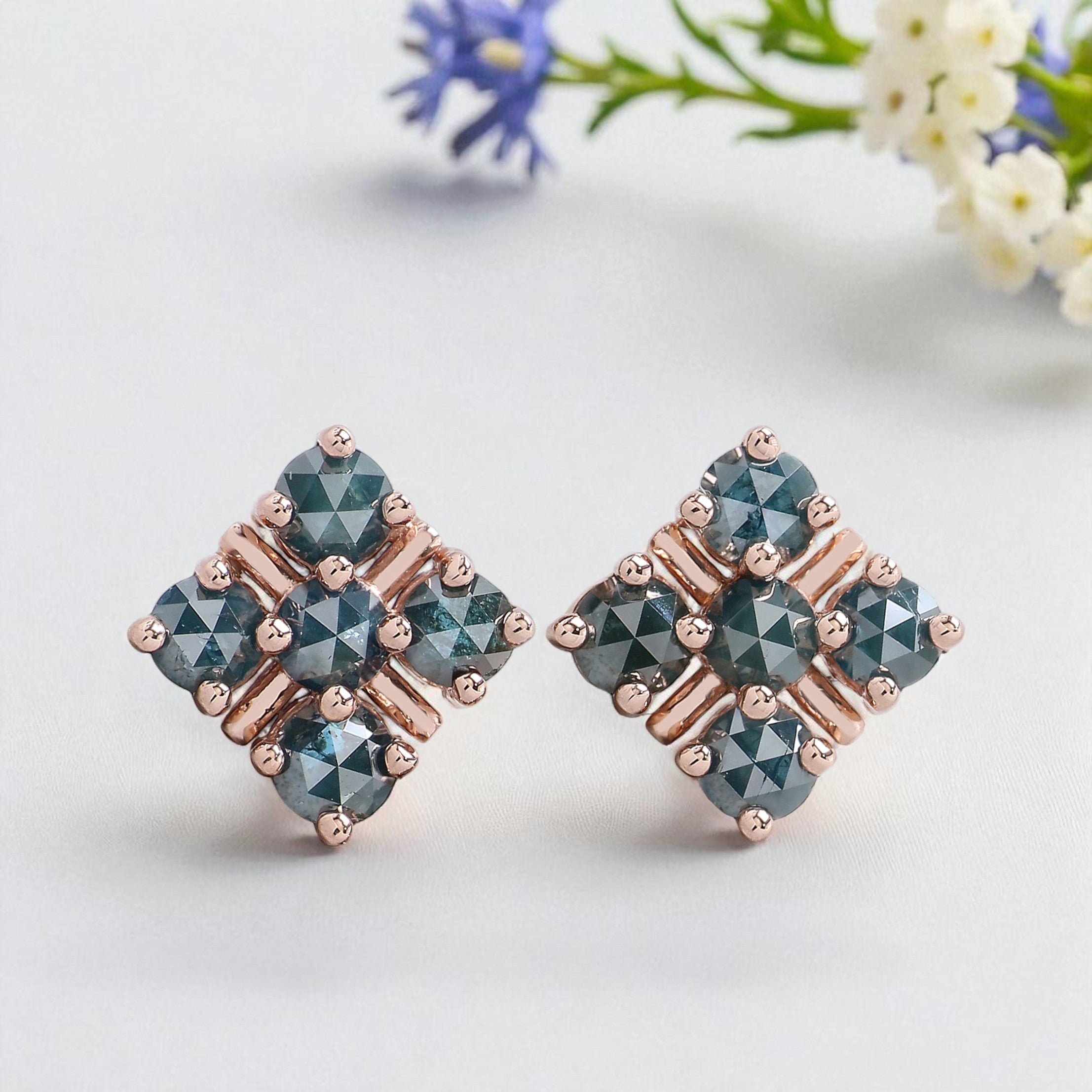Round Rose Cut Blue Color Diamond Earring 2.03 Ct 3.90 MM Round Diamond Earring 14K Rose Gold Silver Engagement Earring Gift For Her QL2414
