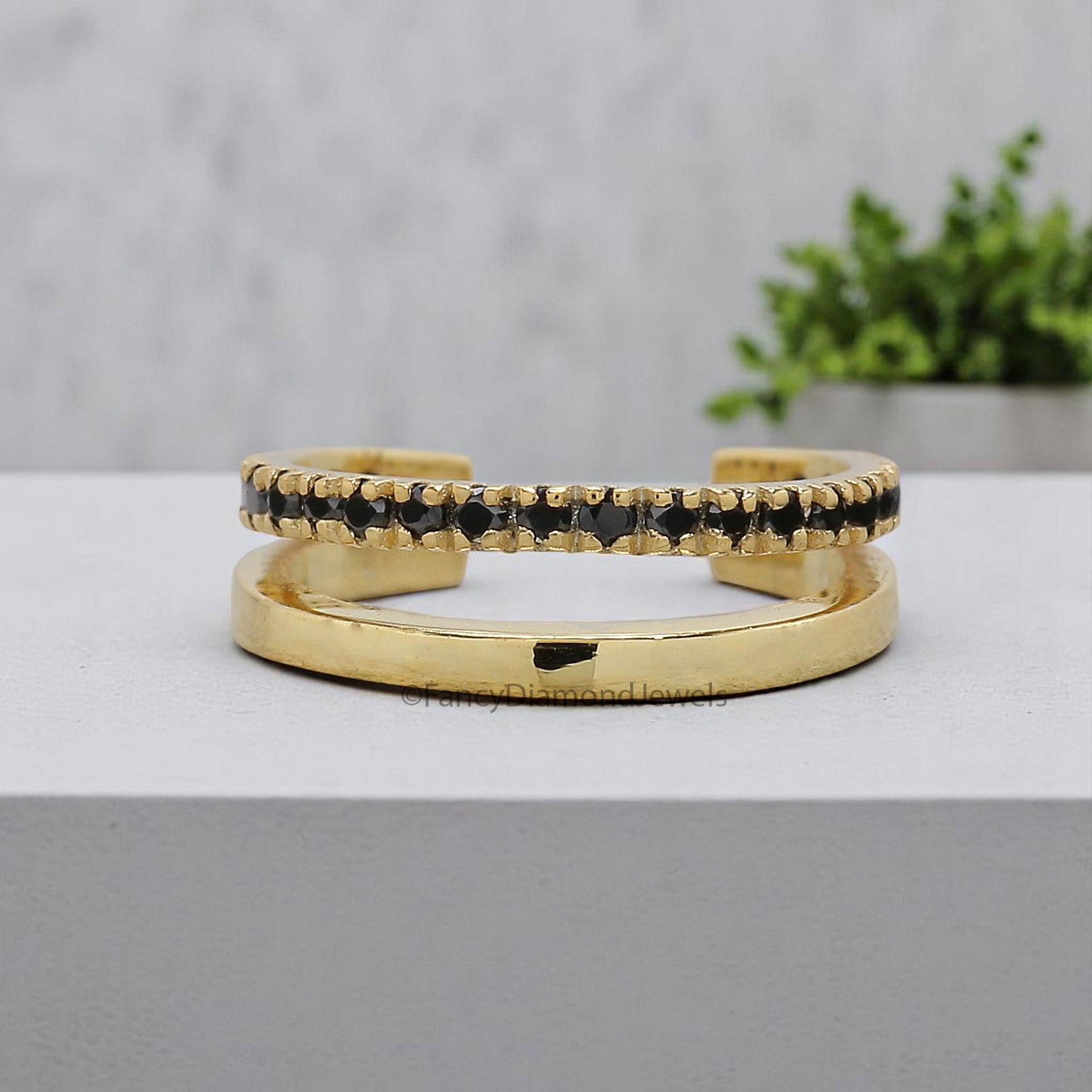 Round Brilliant Cut Black Color Diamond Ear Cuff Double Band Ear Cuff Dainty Ear Cuff Black Diamond Simulant Cuff Yellow Gold Ear Wrap FD354