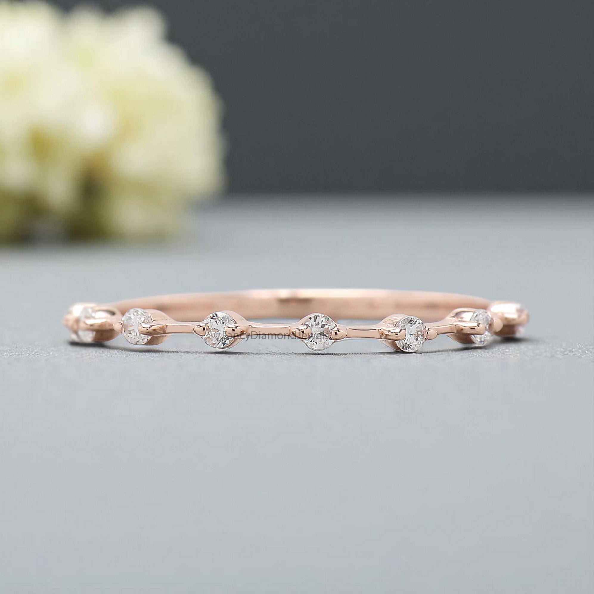 White Round Diamond Wedding Band Half Eternity Minimalist Ring Silver/10K/14K/18K Band stacking dainty matching anniversary ring KD906