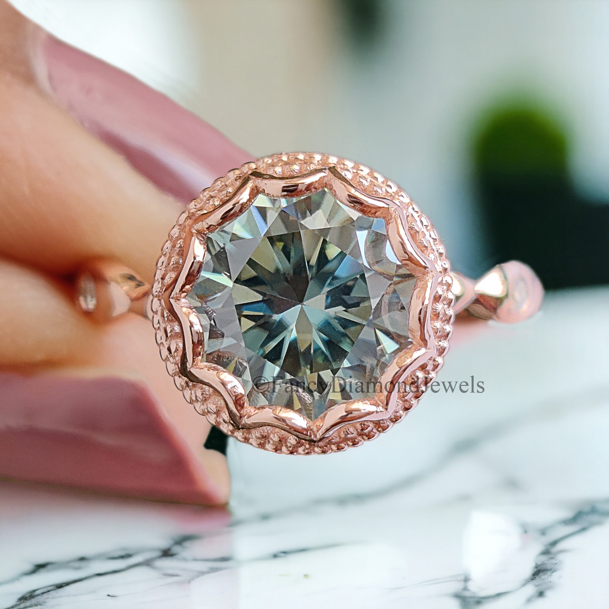 Round Cut Blue Moissanite Engagement Wedding Ring 14K Solid Gold Anniversary Ring Proposal Bezel Ring Authentic Moissanite Ring FD268