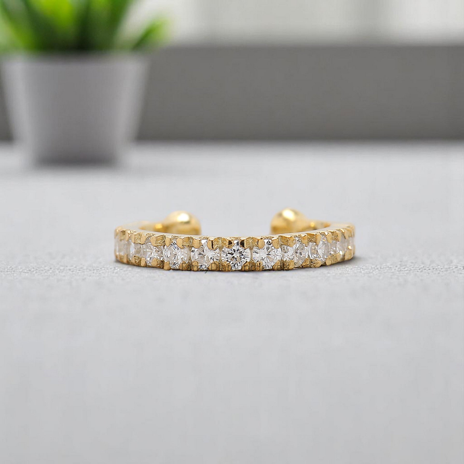 Round Brilliant Cut Colorless Moissanite Diamond Ear Cuff Dainty Ear Cuff Halo Set Sterling Silver Helix Piercing Yellow Gold Ear Wrap FD366