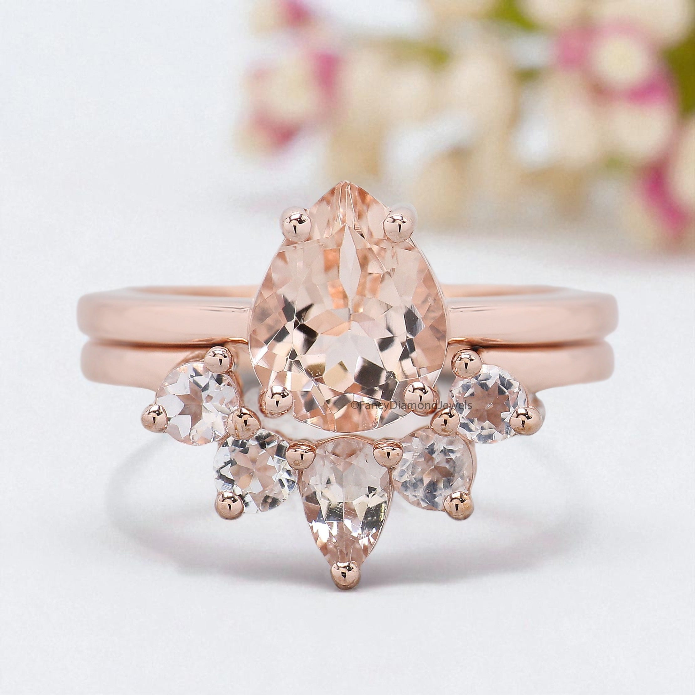 1.51 CT Pear Cut Natural Morganite Engagement Ring Set Rose Gold Ring Morganite Curved Wedding Ring Unique Vintage Ring Gift For Her FD427