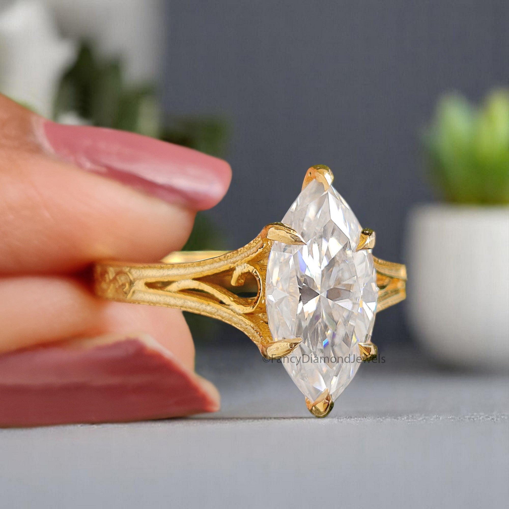 1.15 CT Marquise Cut Moissanite Engagement Ring Filigree Wedding Ring Solitaire Ring Bridal Promise Ring Yellow Gold Ring Gift For Her FD365