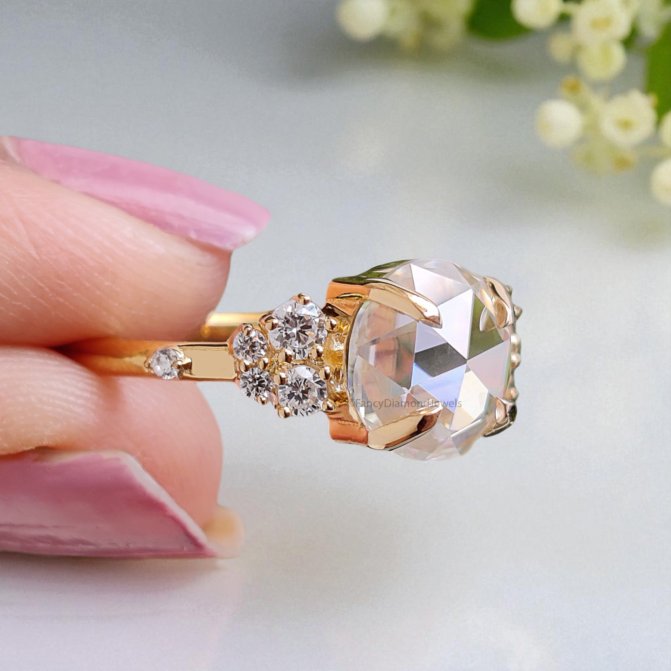 1.70 CT Round Rose Cut Colorless Moissanite Ring Vintage Engagement Claw Prongs Wedding Ring Anniversary Gift Designer Style Gold Ring FD05