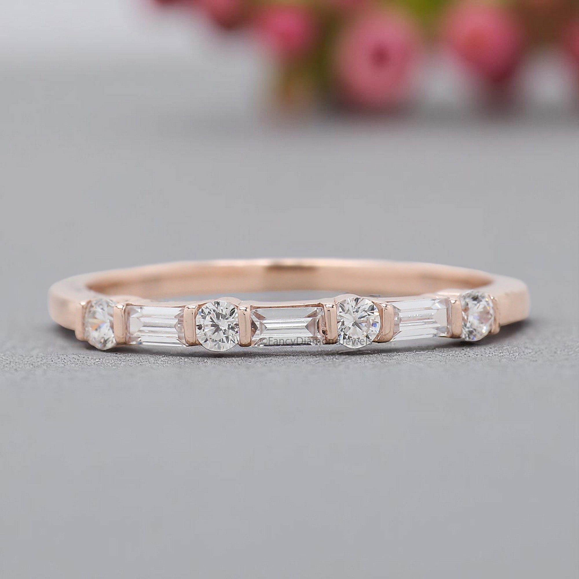 Baguette And Round Diamond Wedding Band Silver/10K/14K/18K Gold Half Eternity Minimalist stacking dainty matching anniversary ring KD893