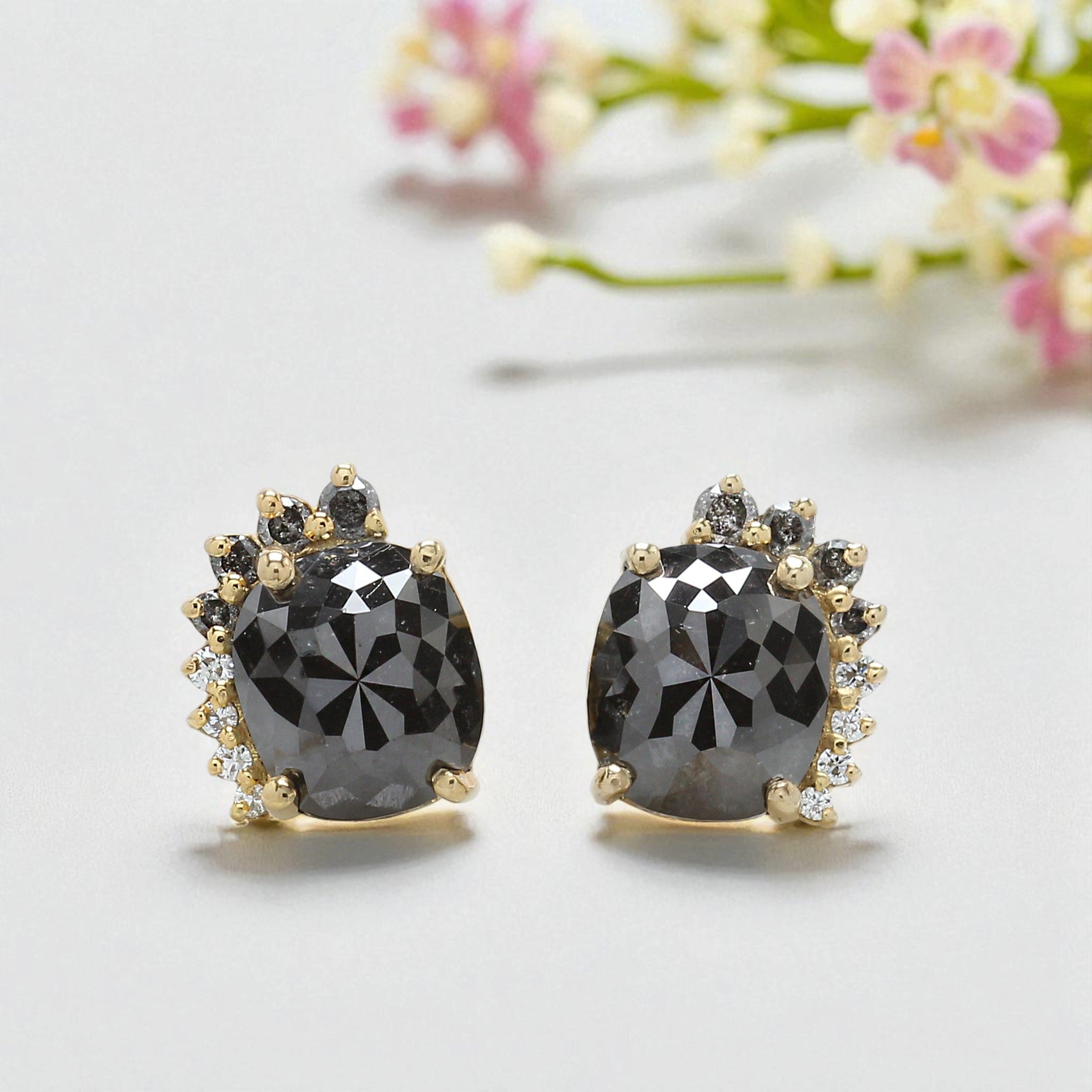 Cushion Black Color Diamond Earring 2.50 Ct 7.30 MM Cushion Diamond Earring 14K Solid Yellow Gold Silver Cushion Earring Gift For Her KD947