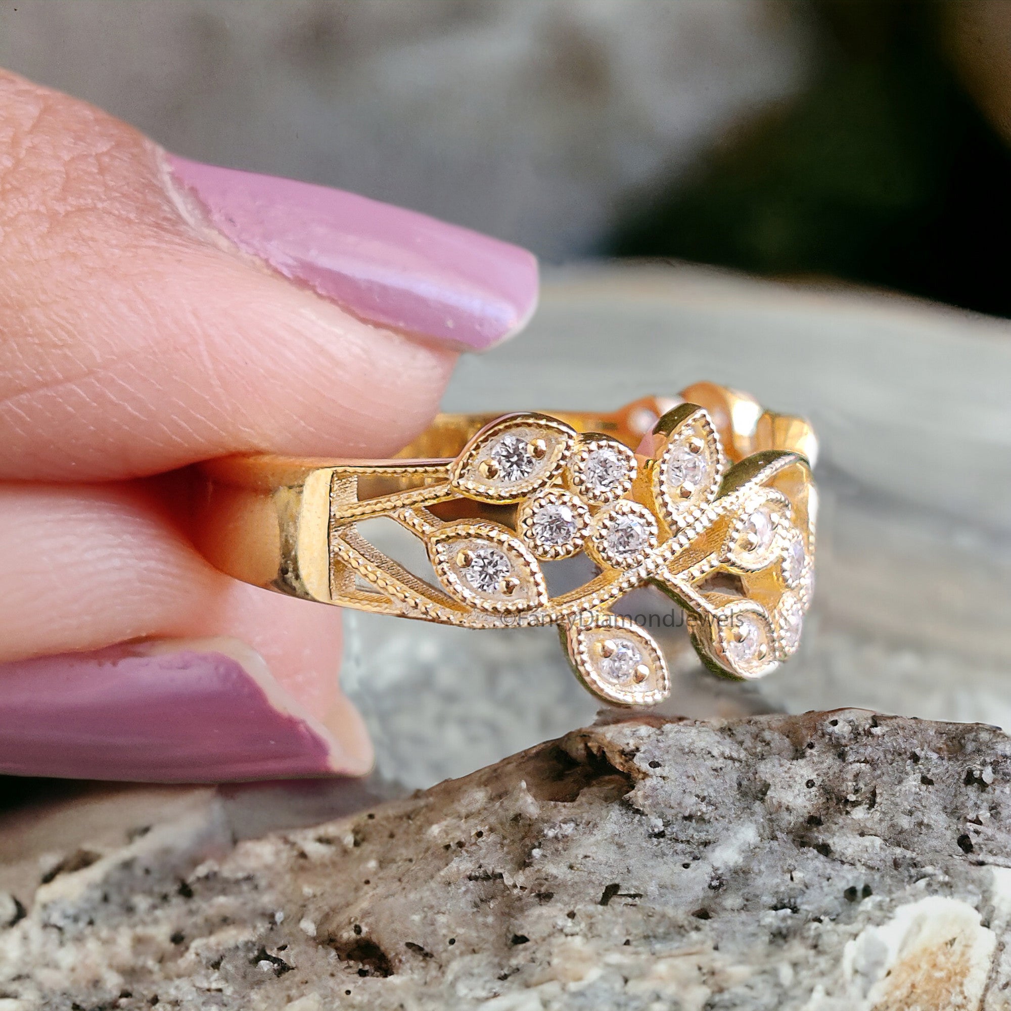 0.23 CT Round Diamond Bridal Ring Engagement Ring Vintage Leaf Vine Stacking Ring Unique Wedding Ring 14K Solid Gold Anniversary Ring FD290