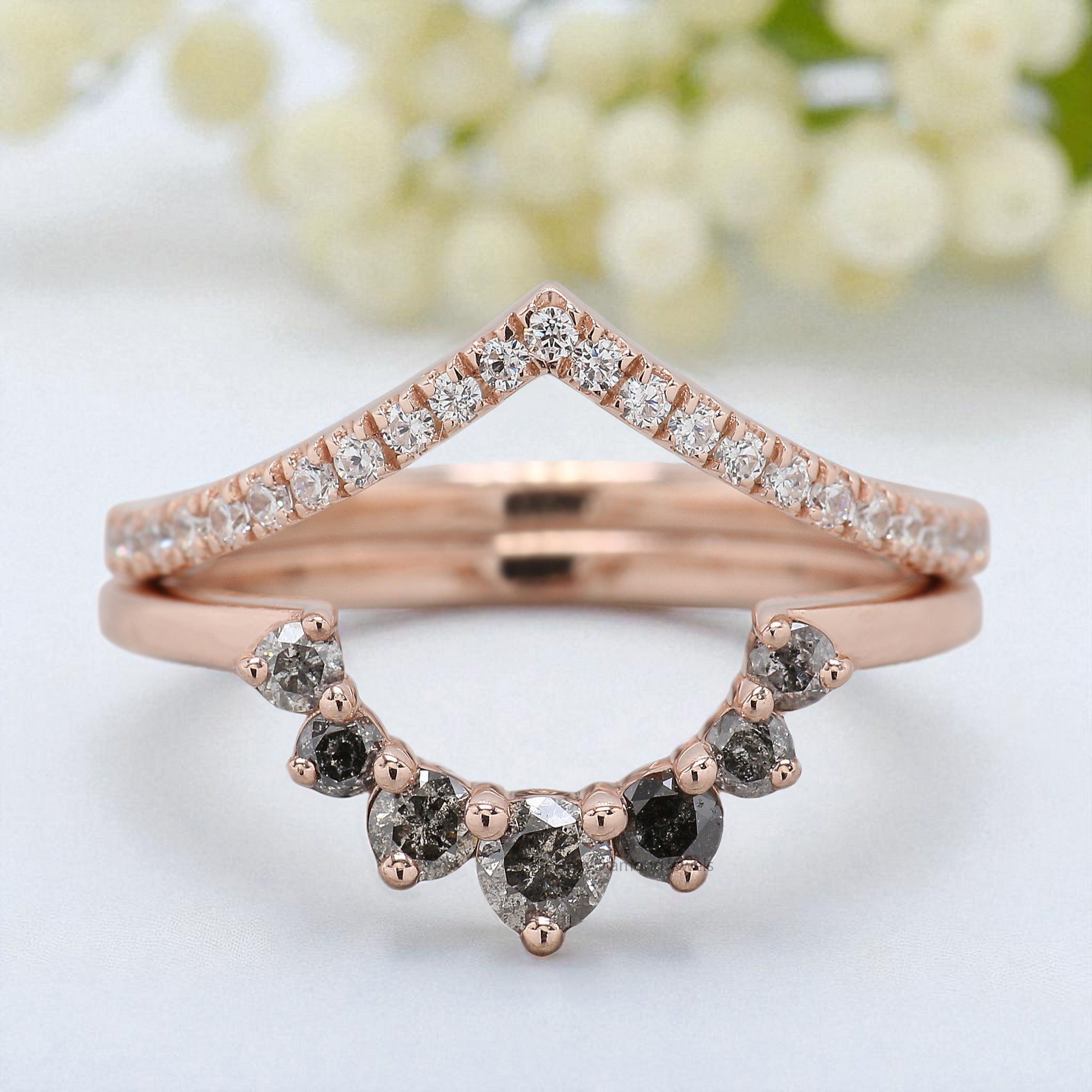 White /Salt And Pepper Round Diamond Wedding Ring V Shaped Band Silver/10K/14K/18K Band Half Eternity Engagement Band Anniversary Ring KD618