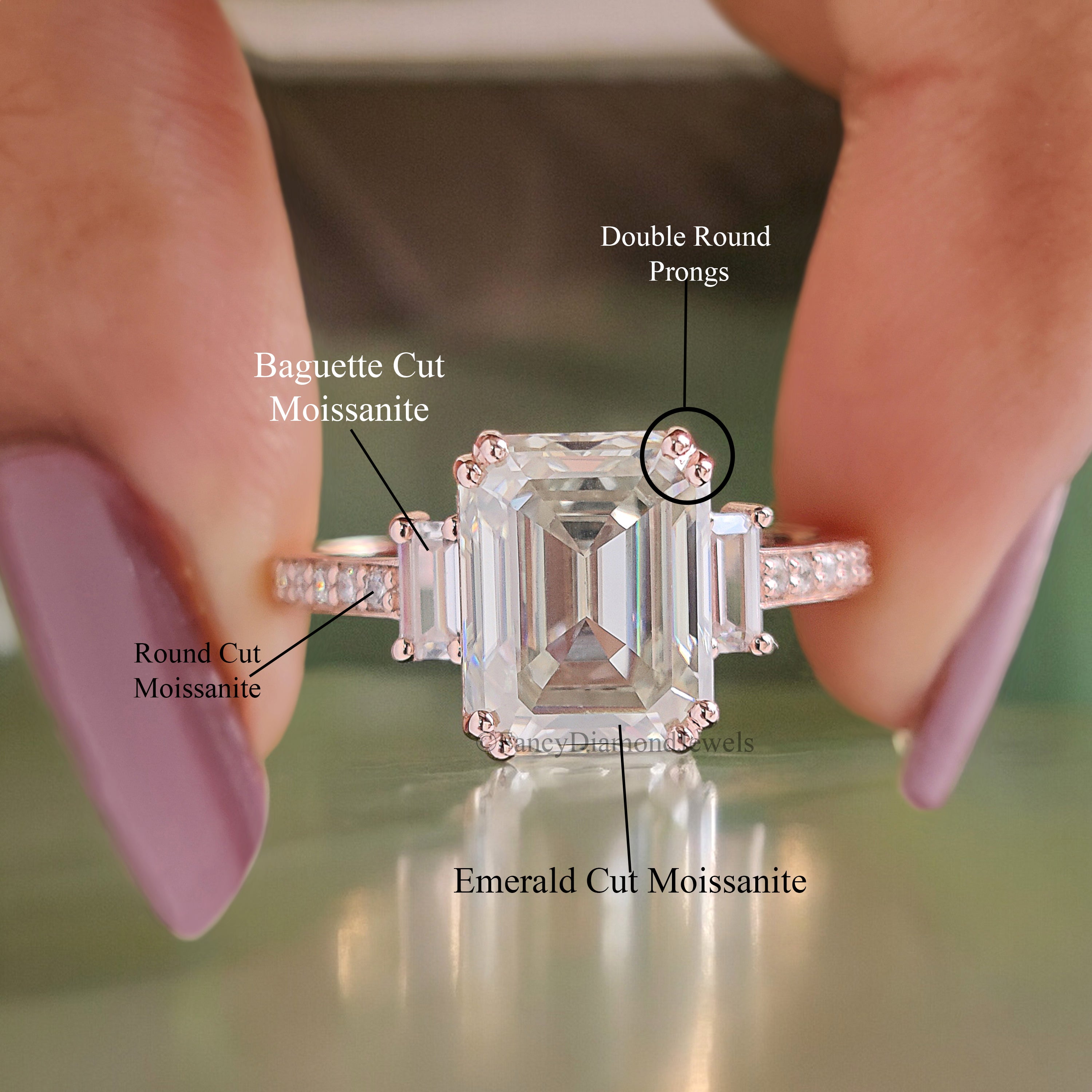 Vintage Emerald Cut Moissanite Ring Three Stone Engagement Ring Bridal Wedding Ring Anniversary Gift Ring Valentine's Gift For Women FD191