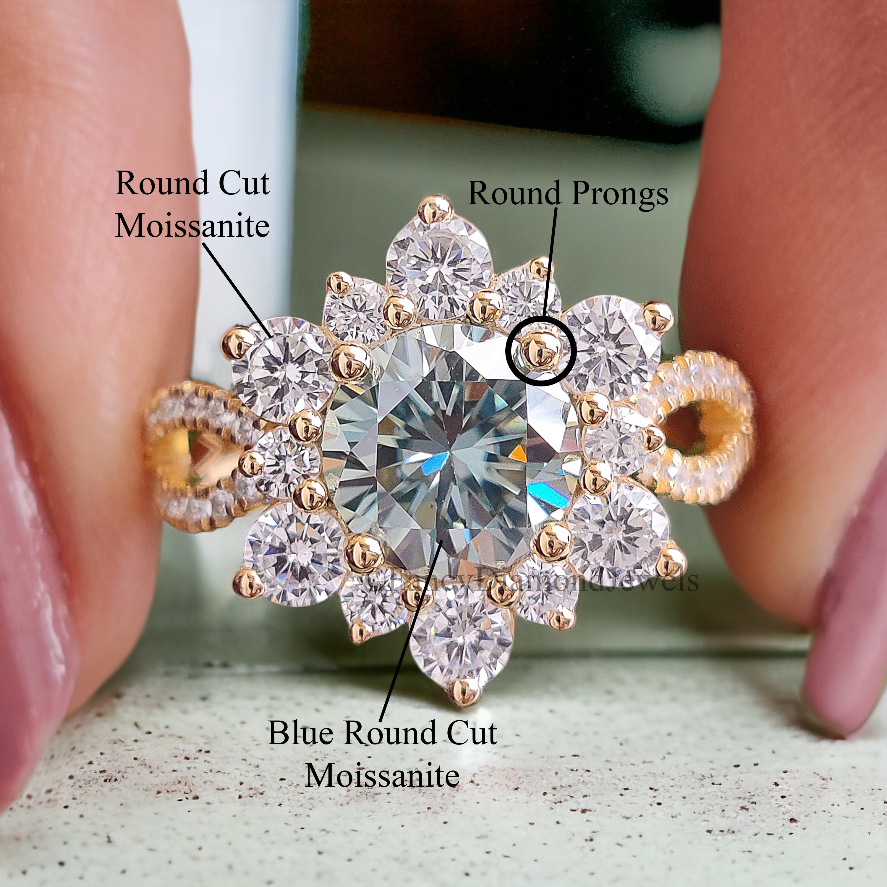 2.30TW Round Cut Blue Moissanite Engagement Ring Vintage Halo Anniversary Ring Twisted Micro Set Wedding Ring Crossover Ring For Women FD221