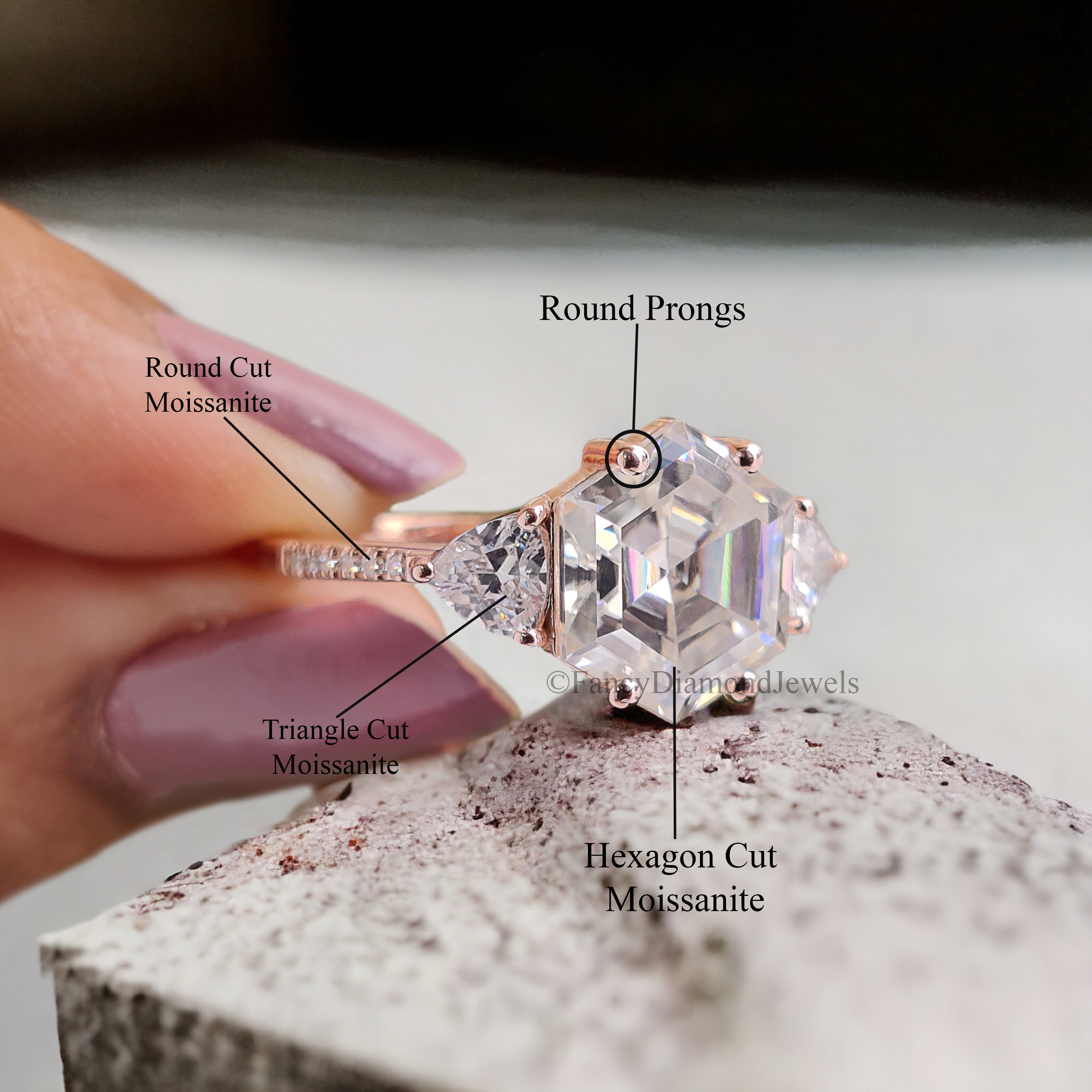 2.95 CT Antique Hexagon Moissanite Engagement Ring Triangle And Round Ring For Gifting Bridal Wedding Ring Anniversary Gift Ring Her FD175