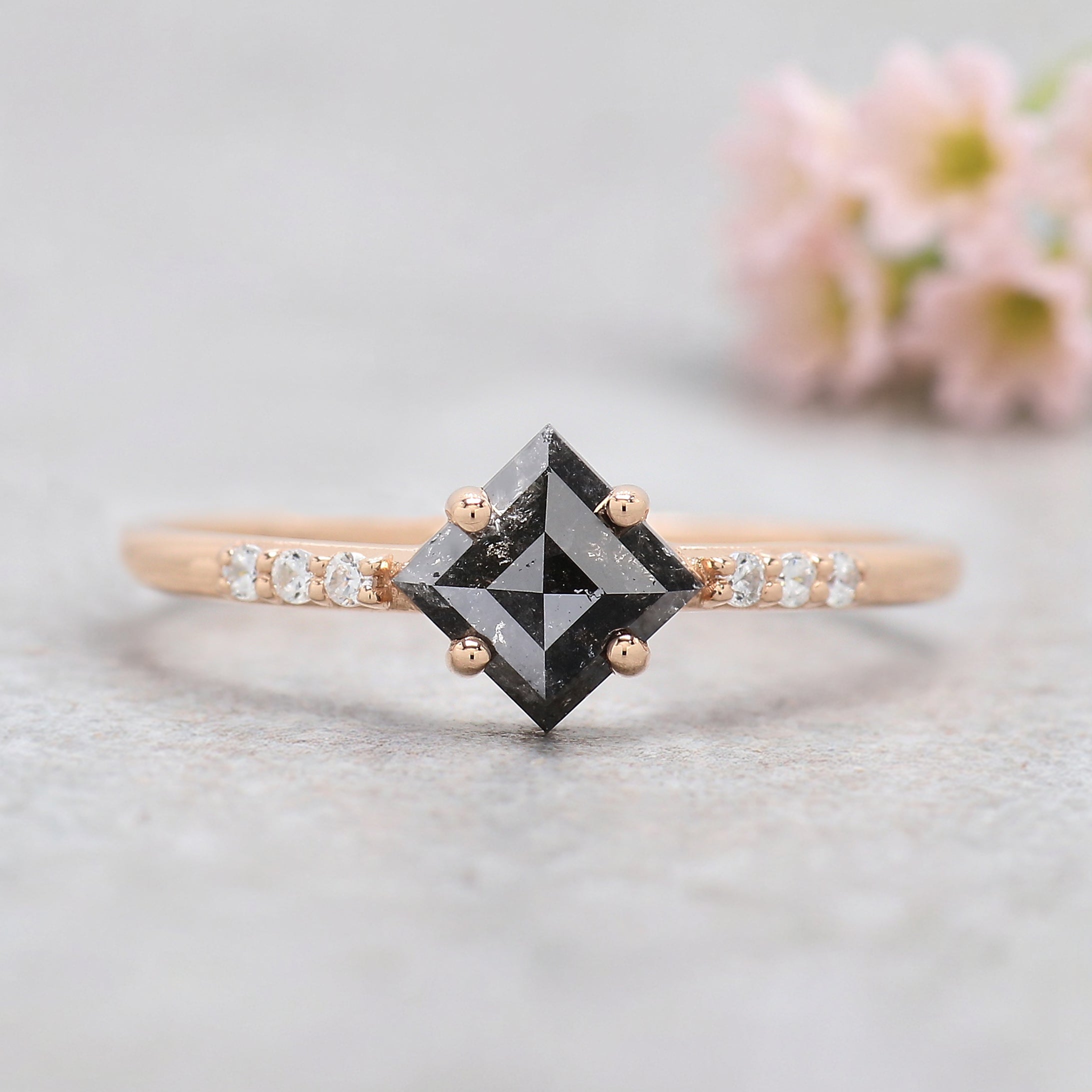 Kite Shape Black Color Diamond Ring 0.65 Ct 6.75 MM Kite Diamond Ring 14K Solid Rose Gold Silver Kite Engagement Ring Gift For Her KDN808