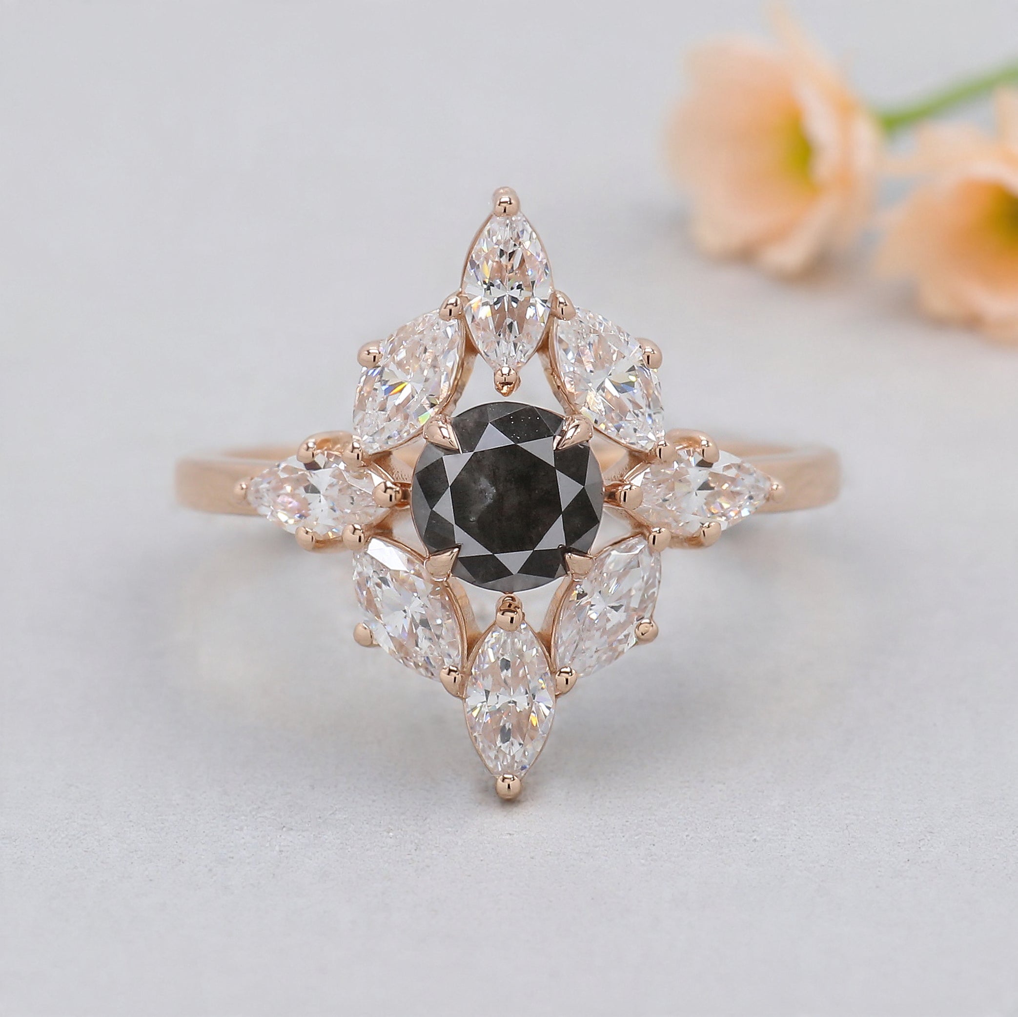 0.68 Ct Natural Round Shape Salt And Pepper Diamond Ring 5.30 MM Round Cut Diamond Ring 14K Solid Rose Gold Silver Engagement Ring KDL1765