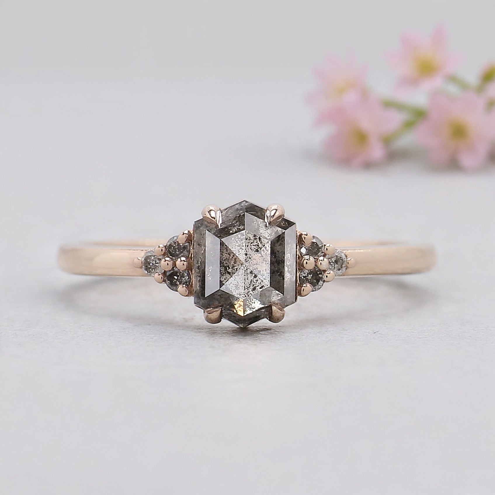 Hexagon Salt and Pepper Diamond Ring, Unique Diamond Engagement Ring, 14K Rose Gold Minimalist Ring, Rustic Bridal Ring, Gift for Her KDL276